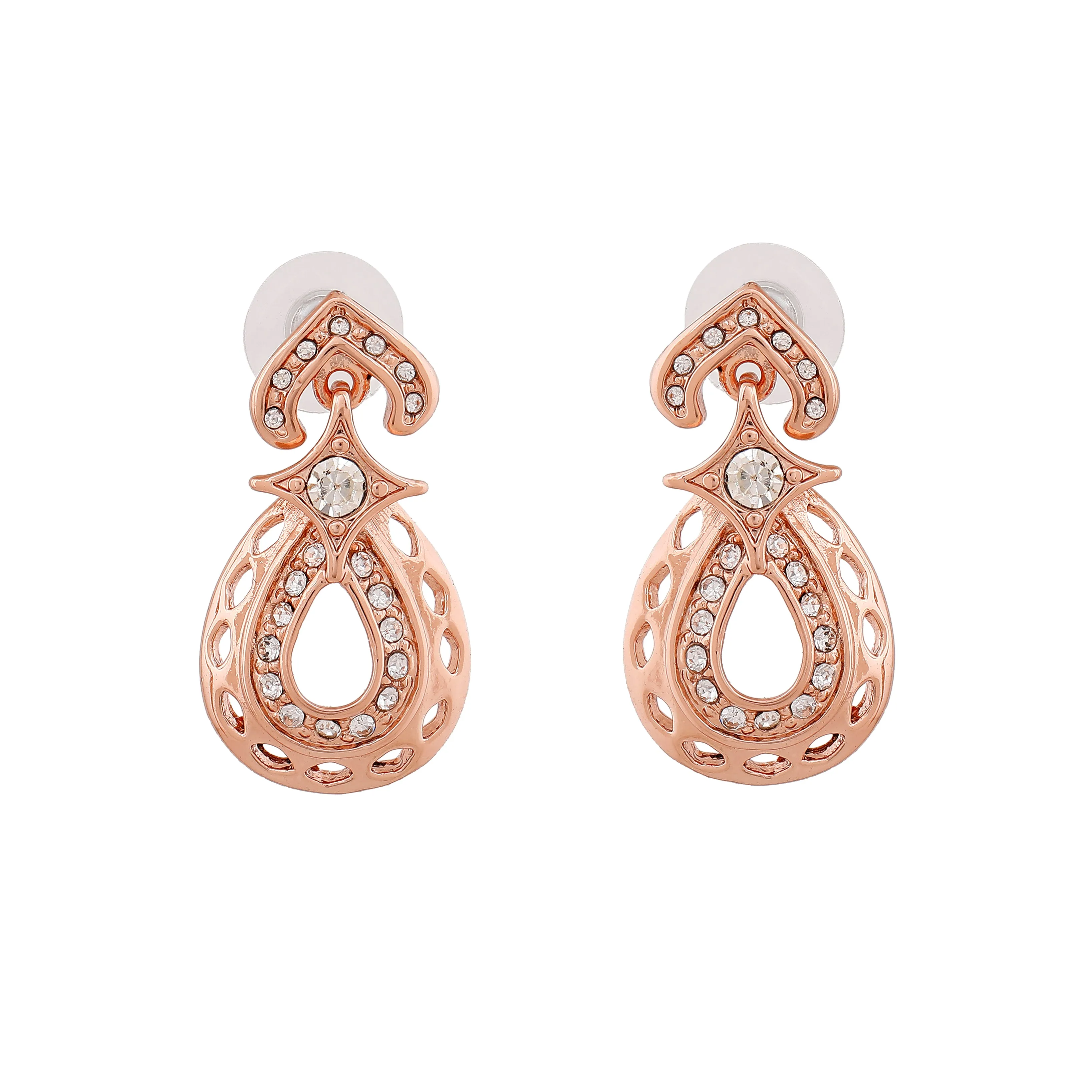 Estele Rose Gold Plated Sparkling Drop Designer Necklace Set with White Austrian Crystals for Women