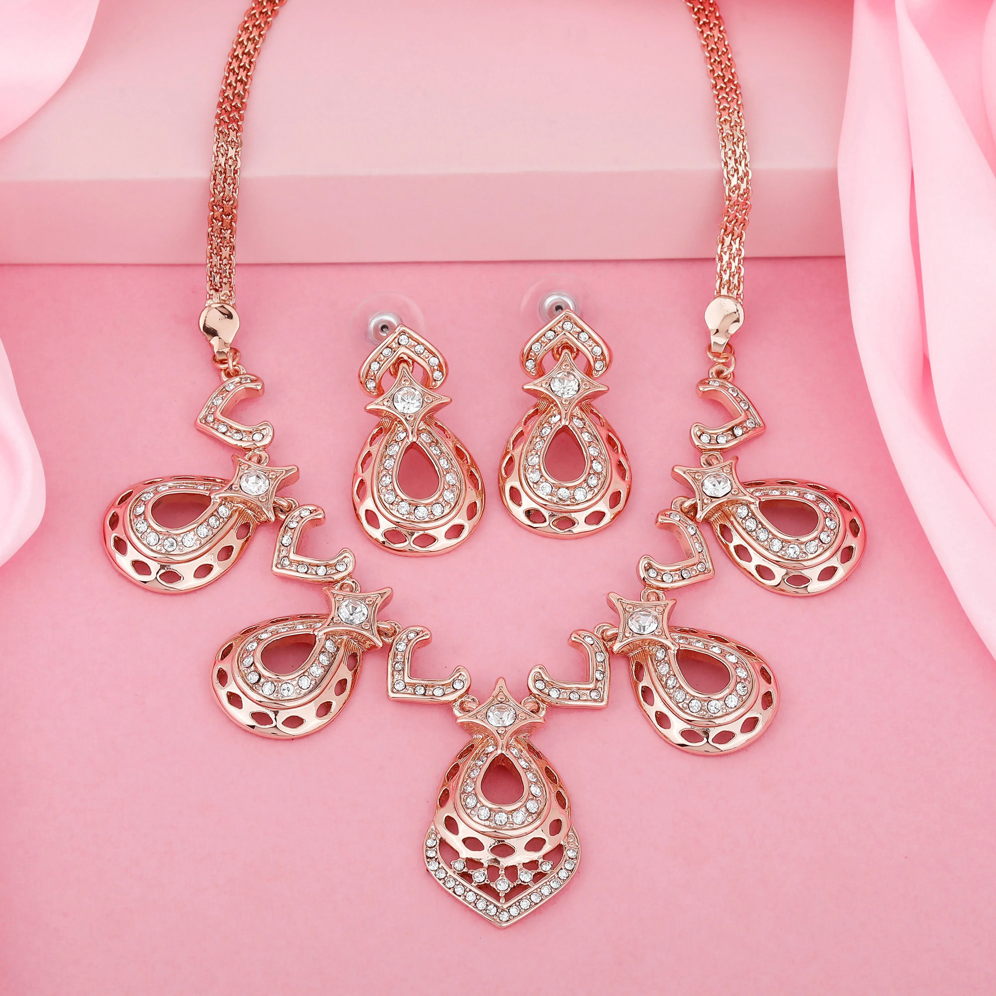 Estele Rose Gold Plated Sparkling Drop Designer Necklace Set with White Austrian Crystals for Women
