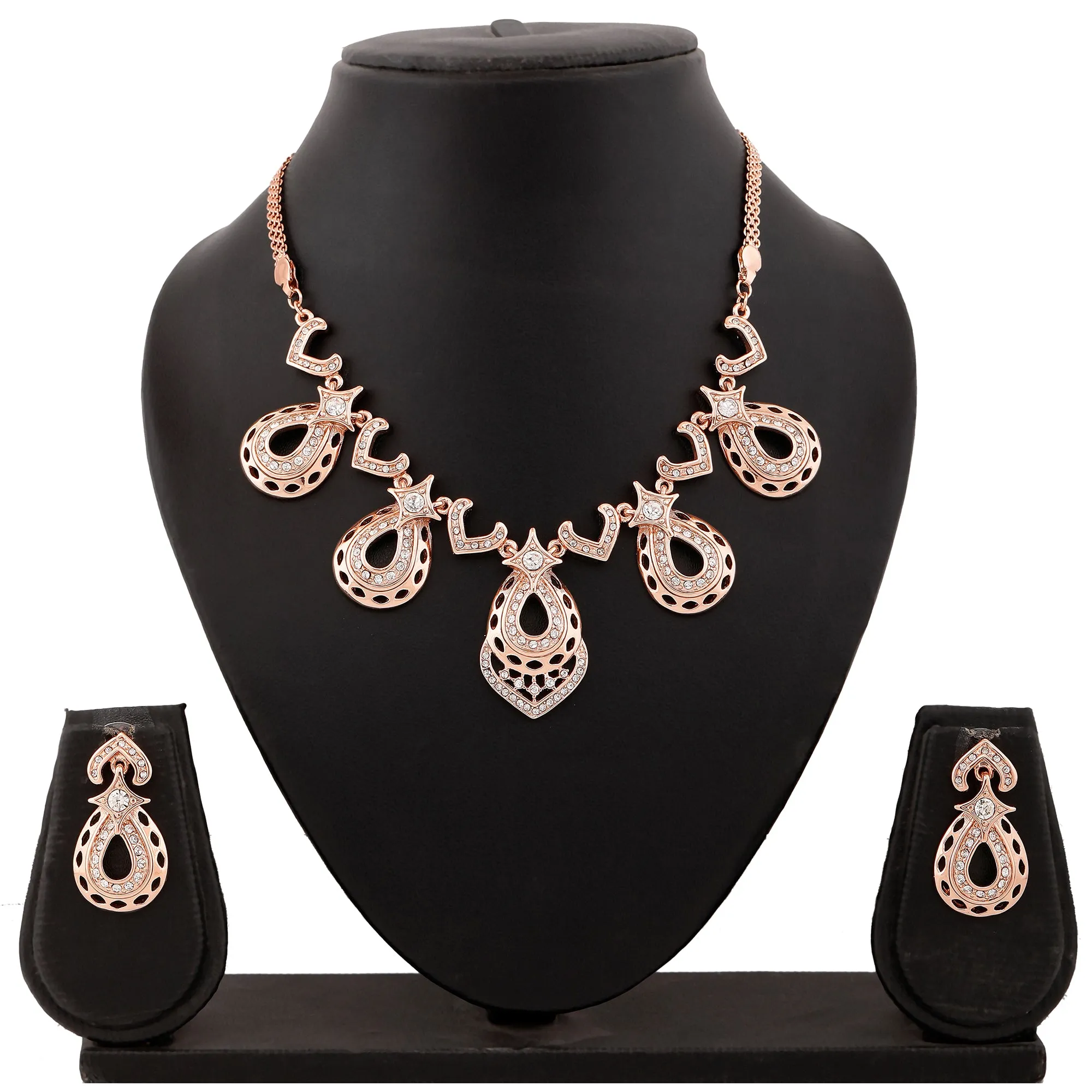Estele Rose Gold Plated Sparkling Drop Designer Necklace Set with White Austrian Crystals for Women