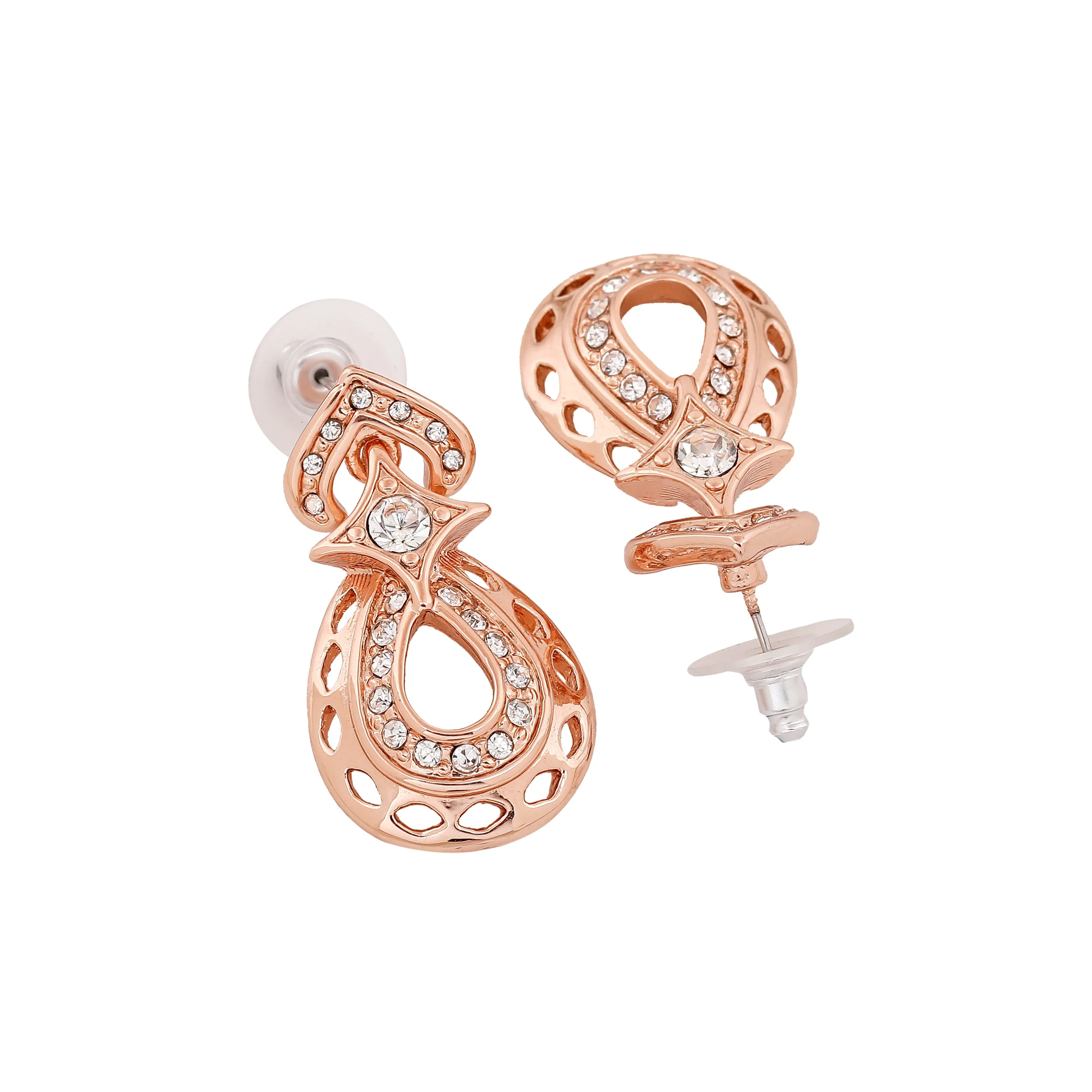 Estele Rose Gold Plated Sparkling Drop Designer Necklace Set with White Austrian Crystals for Women