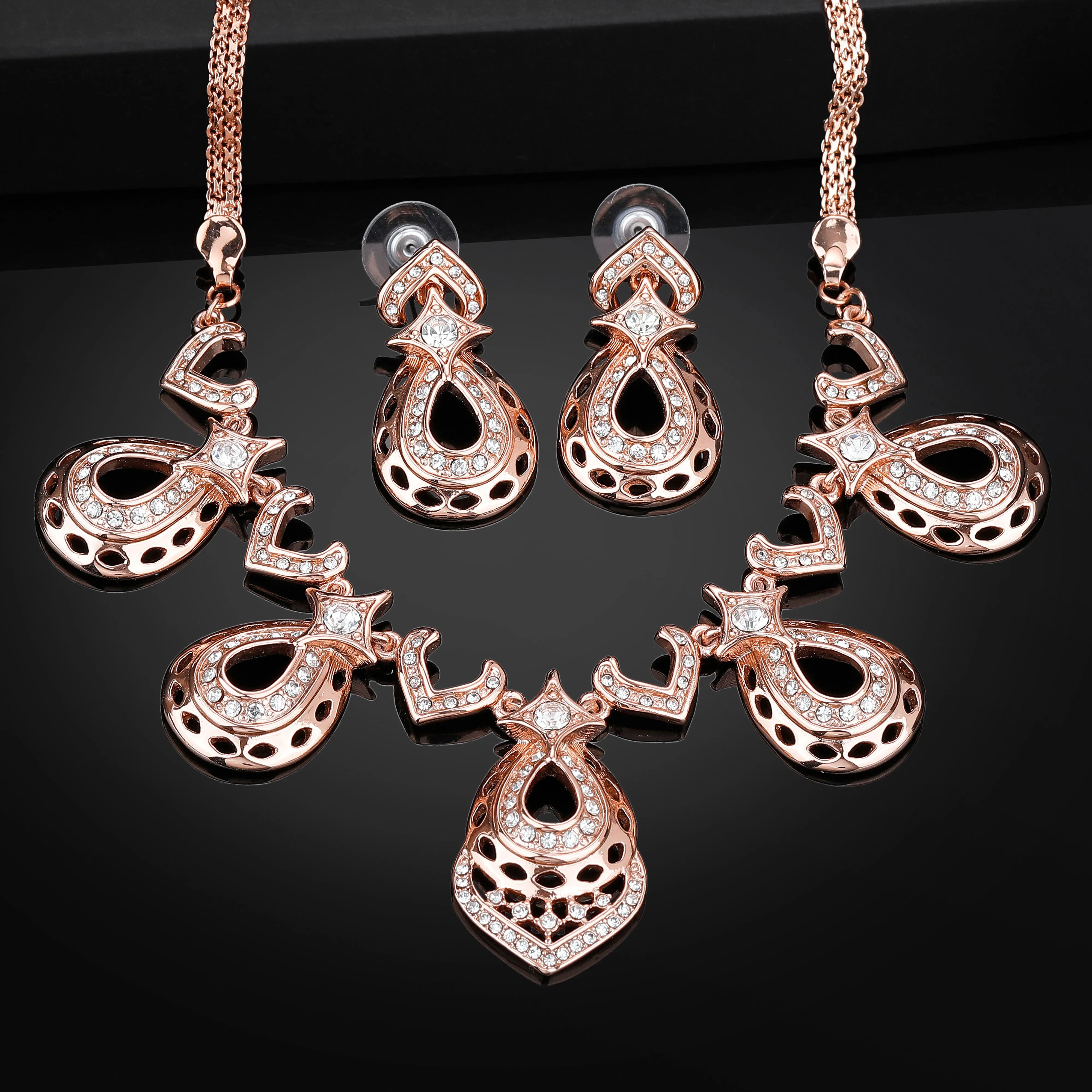 Estele Rose Gold Plated Sparkling Drop Designer Necklace Set with White Austrian Crystals for Women