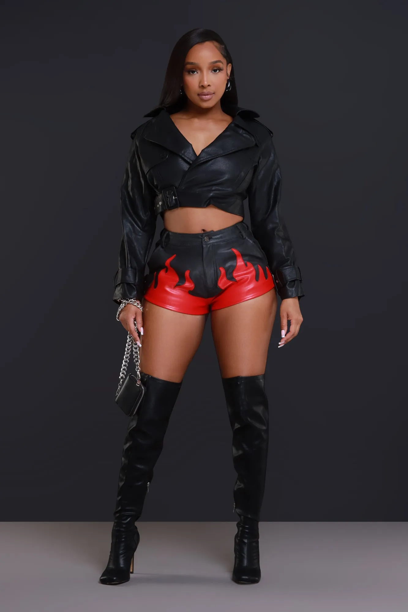Fire Starter Faux Leather Shorts - Black/Red