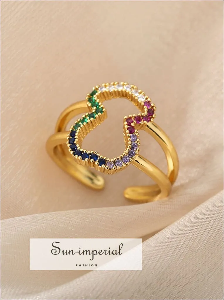 Gold Plated Stainless Steel Adjustable Statement Ring With Colorful Geometric Zircons Design