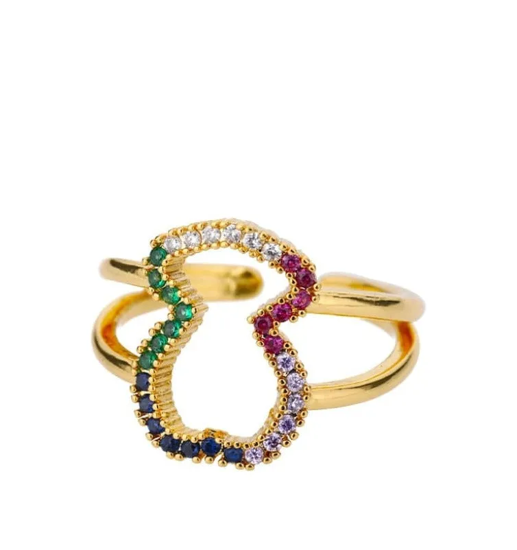 Gold Plated Stainless Steel Adjustable Statement Ring With Colorful Geometric Zircons Design