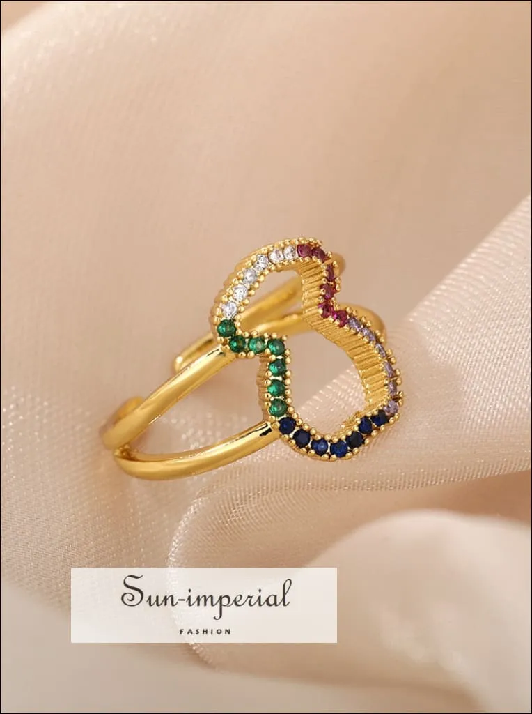 Gold Plated Stainless Steel Adjustable Statement Ring With Colorful Geometric Zircons Design