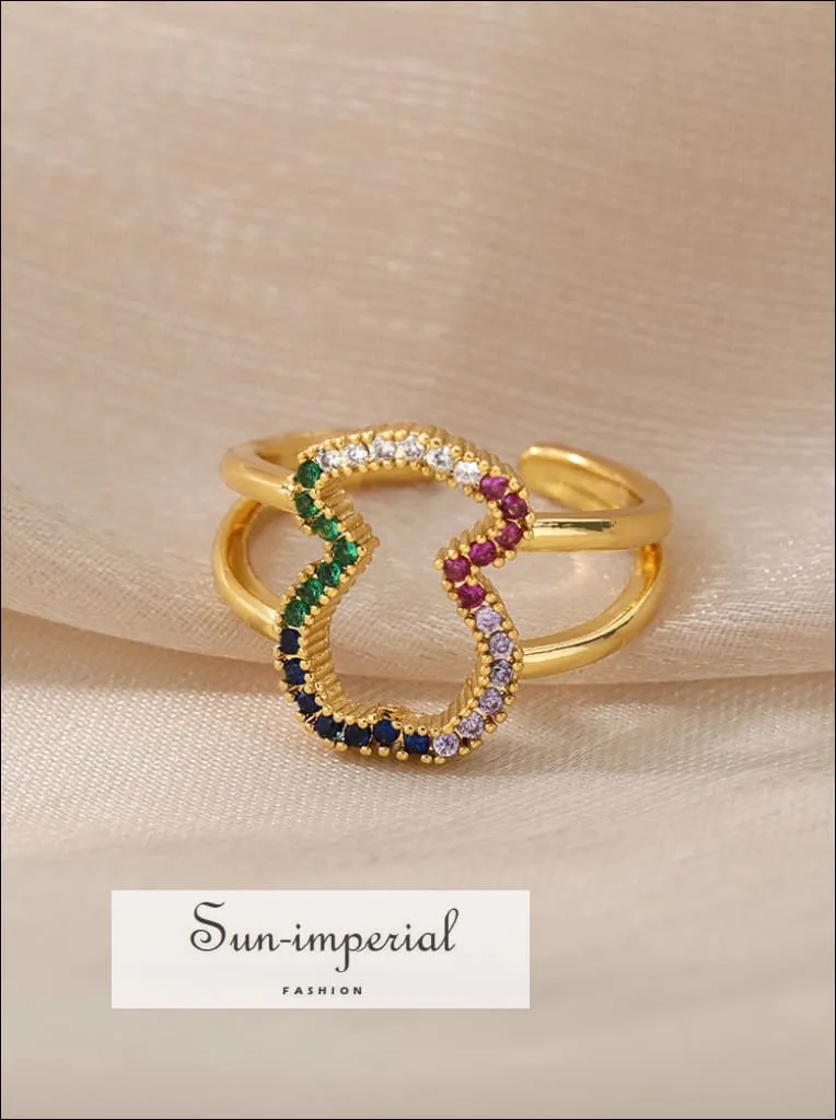 Gold Plated Stainless Steel Adjustable Statement Ring With Colorful Geometric Zircons Design