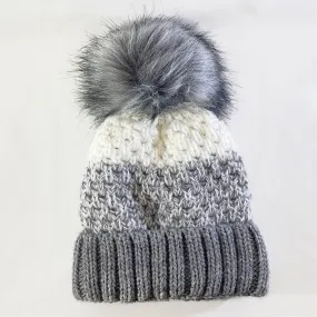 Gray and White Winter Beanie With Pompom - Made From Italian Wool, Acrylic Yarn, and Faux Fur