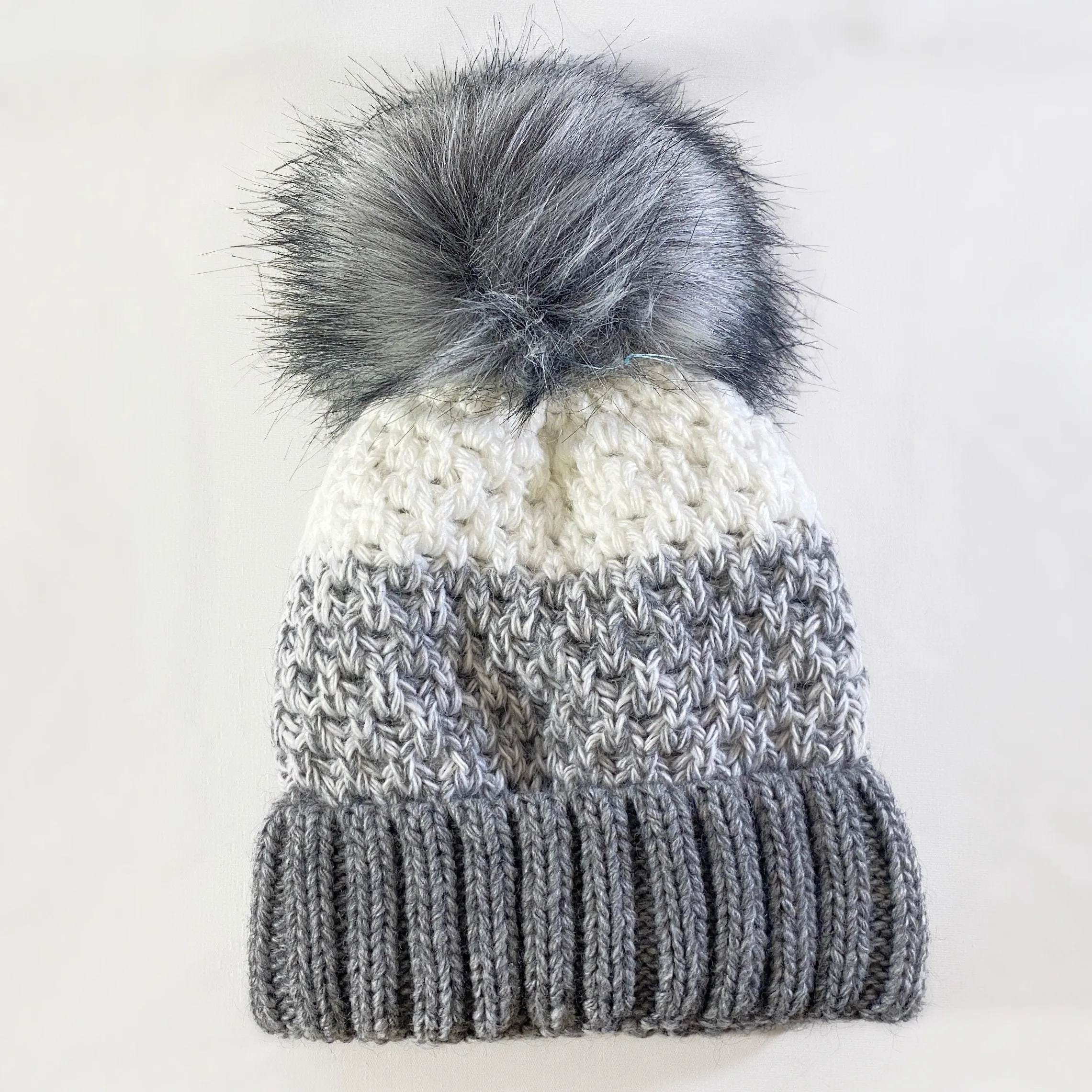 Gray and White Winter Beanie With Pompom - Made From Italian Wool, Acrylic Yarn, and Faux Fur