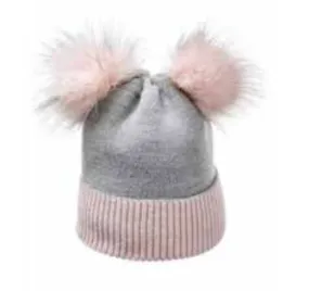 Gray/Pink Winter Beanie With Two Pompoms - Made From Italian Wool, Acrylic Yarn, and Faux Fur