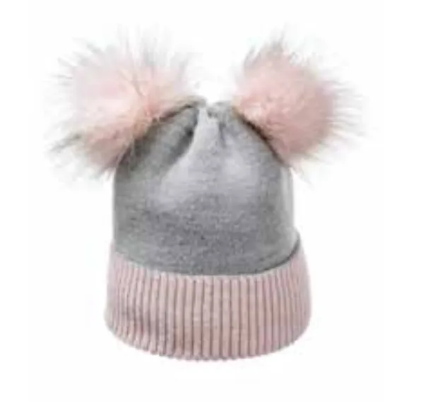 Gray/Pink Winter Beanie With Two Pompoms - Made From Italian Wool, Acrylic Yarn, and Faux Fur