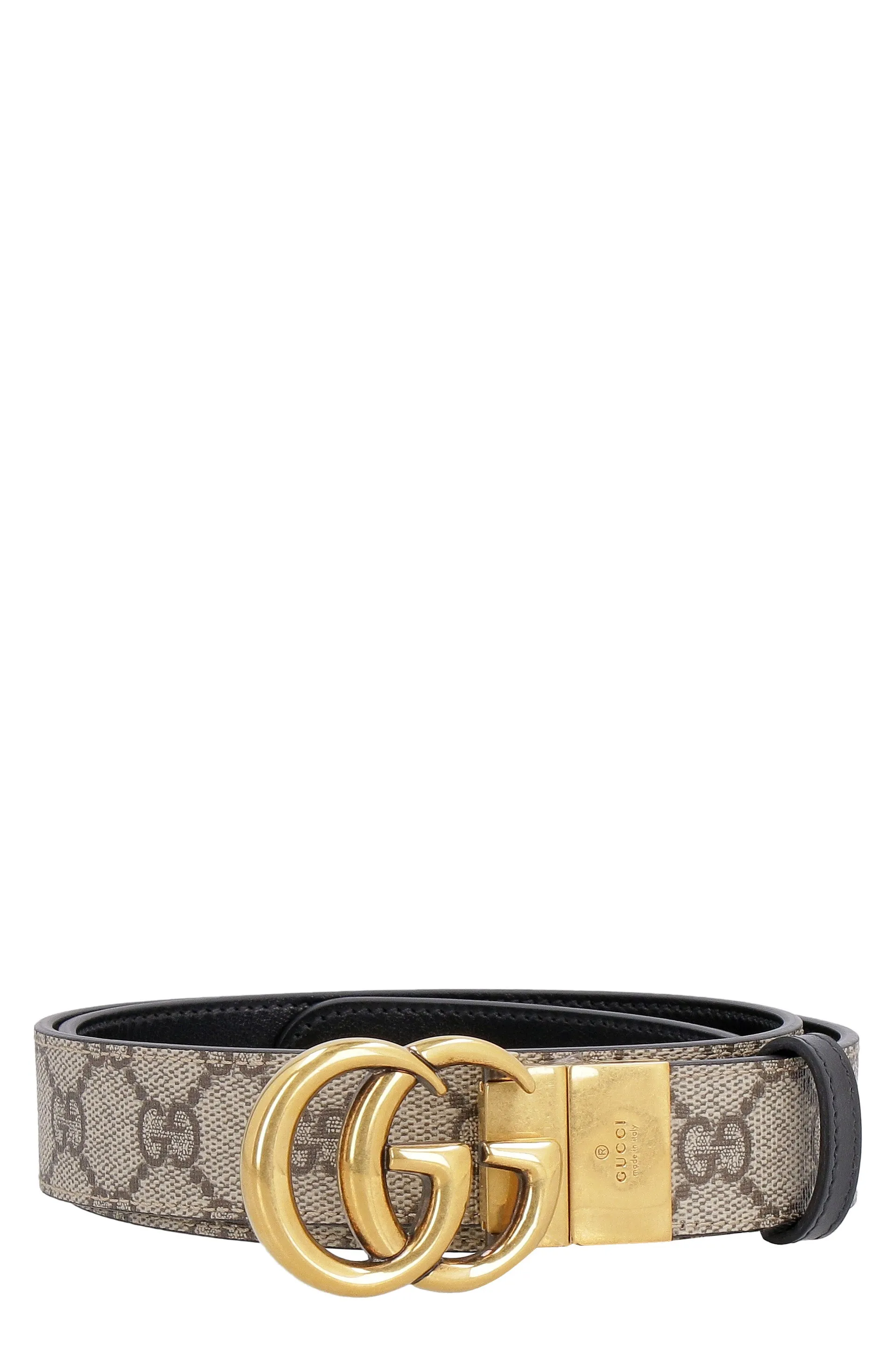 GUCCI Reversible Belt - Gold-Tone Buckle, GG Supreme Fabric and Smooth Leather, 3 cm Belt Height