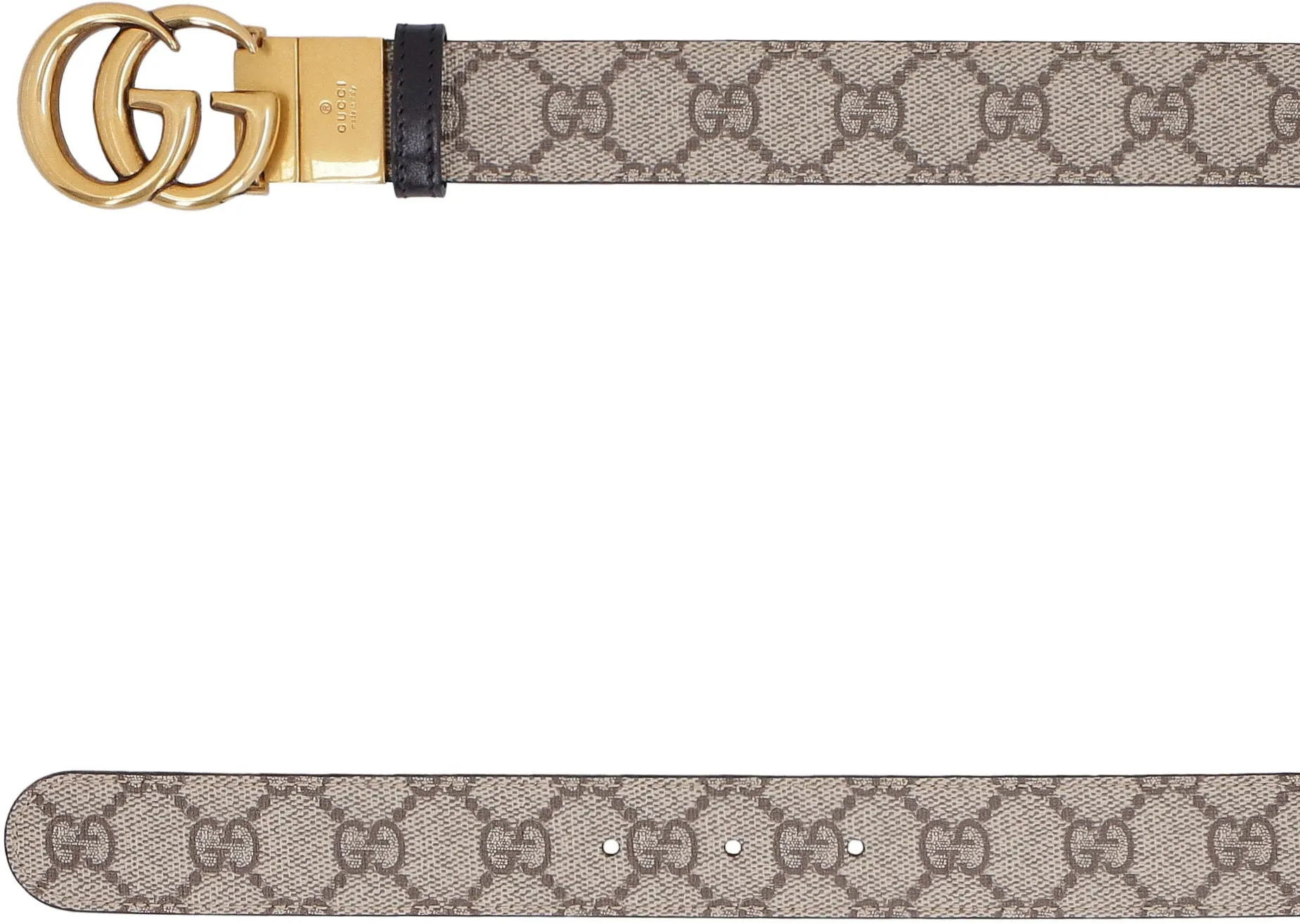 GUCCI Reversible Belt - Gold-Tone Buckle, GG Supreme Fabric and Smooth Leather, 3 cm Belt Height