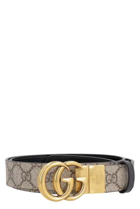 GUCCI Reversible Belt - Gold-Tone Buckle, GG Supreme Fabric and Smooth Leather, 3 cm Belt Height
