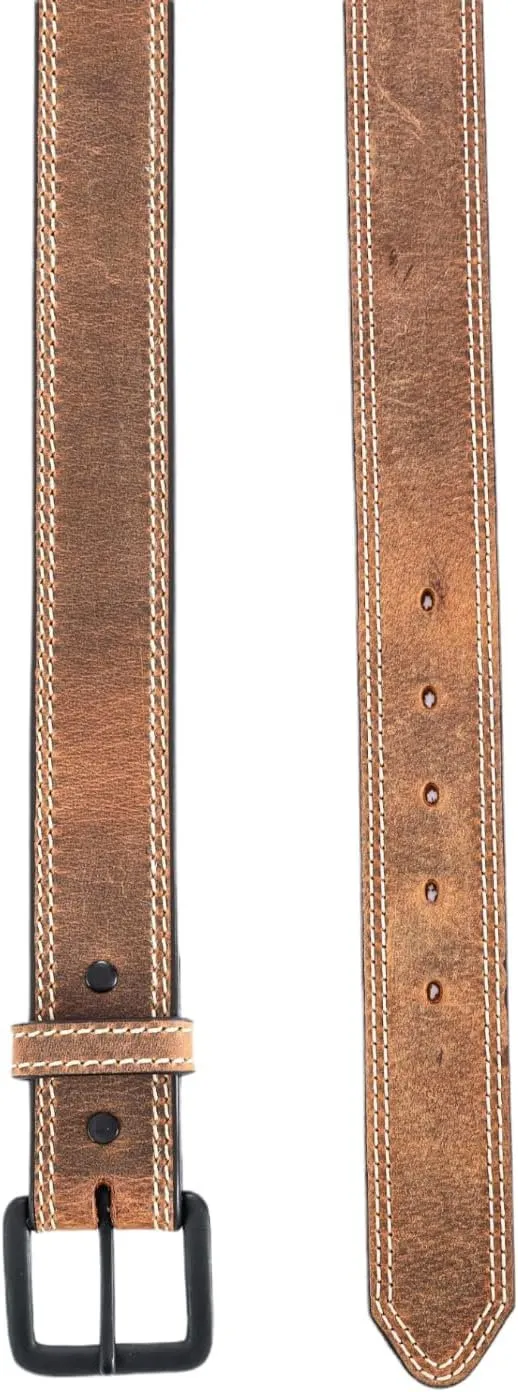 Heritage Leathers USA Full Grain Leather Stitched Belt, Vintage Brown