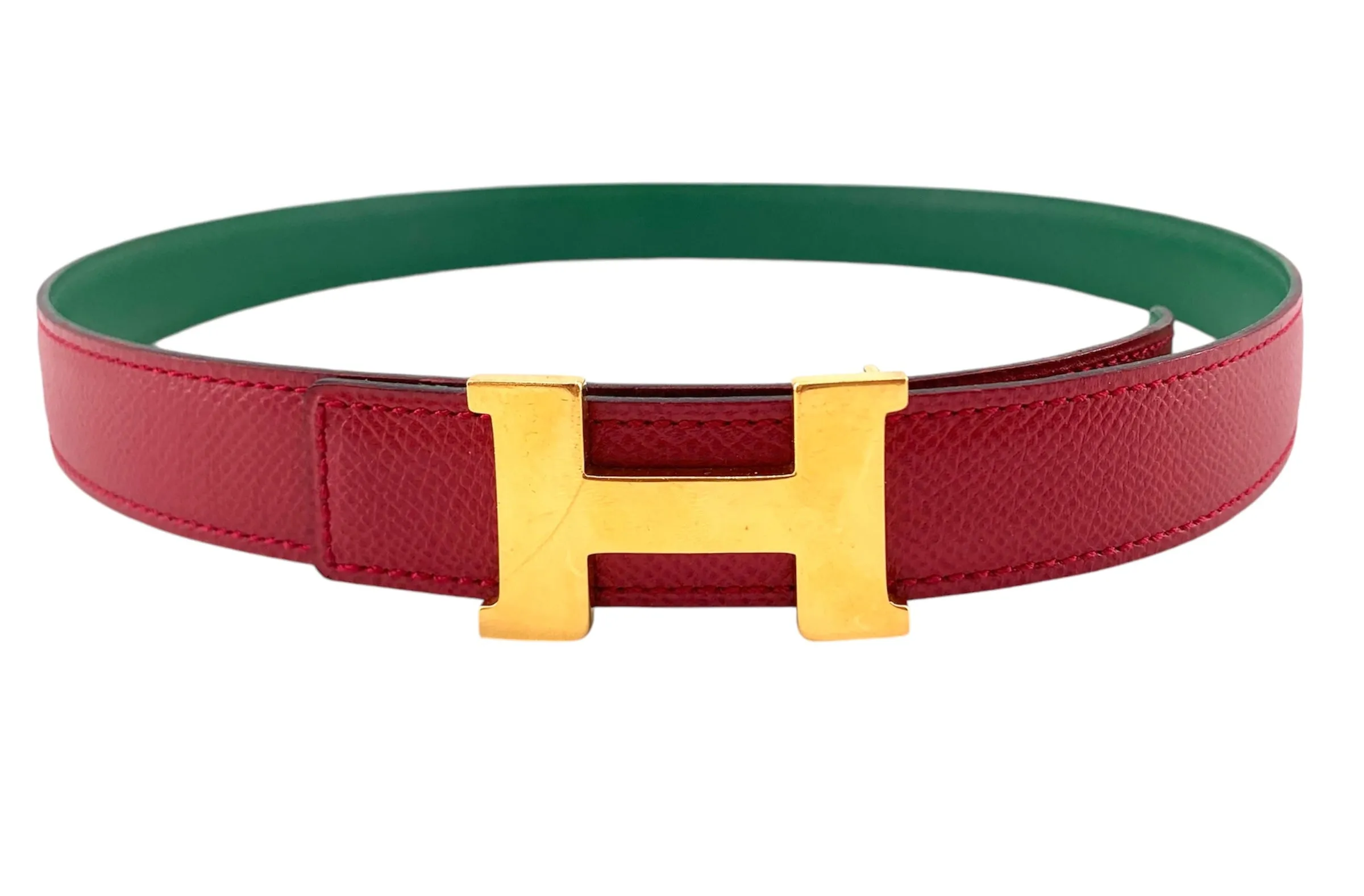 Hermès Constance 24 mm Reversible Red & Green Leather Gold Tone Mini H Belt