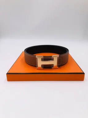 HERMÈS H ROSE GOLD BELT BUCKLE WITH LEATHER REVERSIBLE STRAP Gold & Black