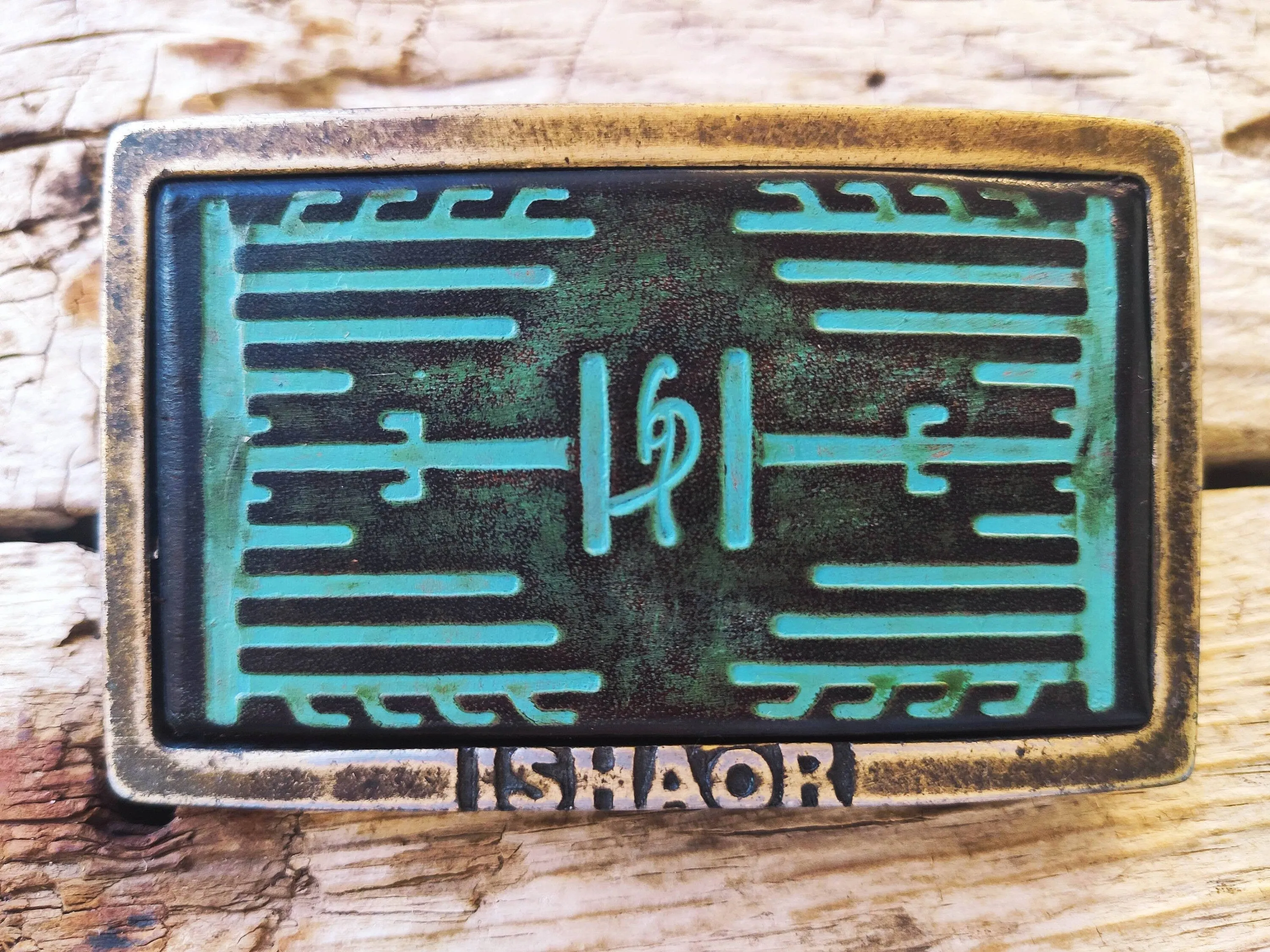 Ishaor Rectangle Buckle with Turquoise Leather Embossing Heat Sink Cooler and Brown Wash Upgrade for Any Belt