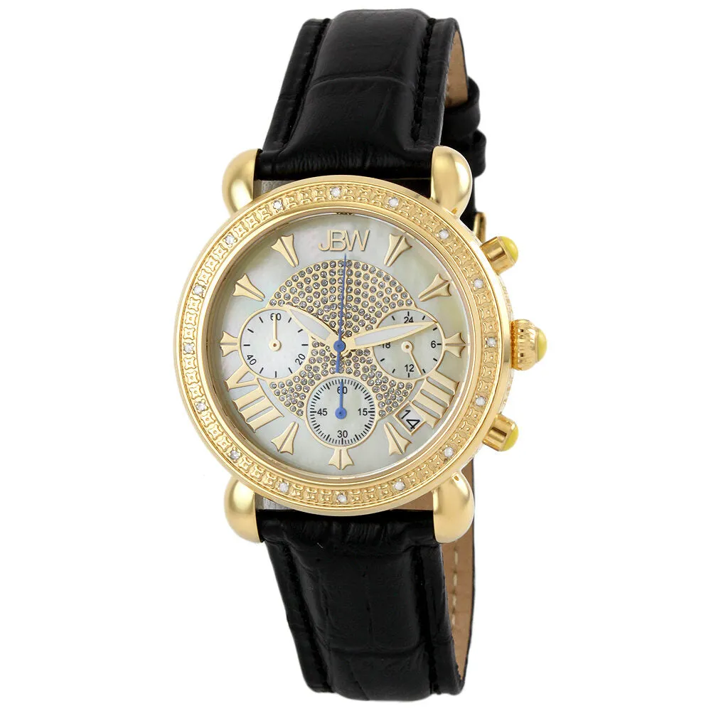 JBW Victory Mother of Pearl Diamond Gold-tone Diamond Case Black Leather Strap Ladies Watch JB-6210L-A