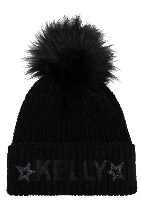Kelly by Sissy Goya Black Faux Fur Pom Pom Hat with Sequins