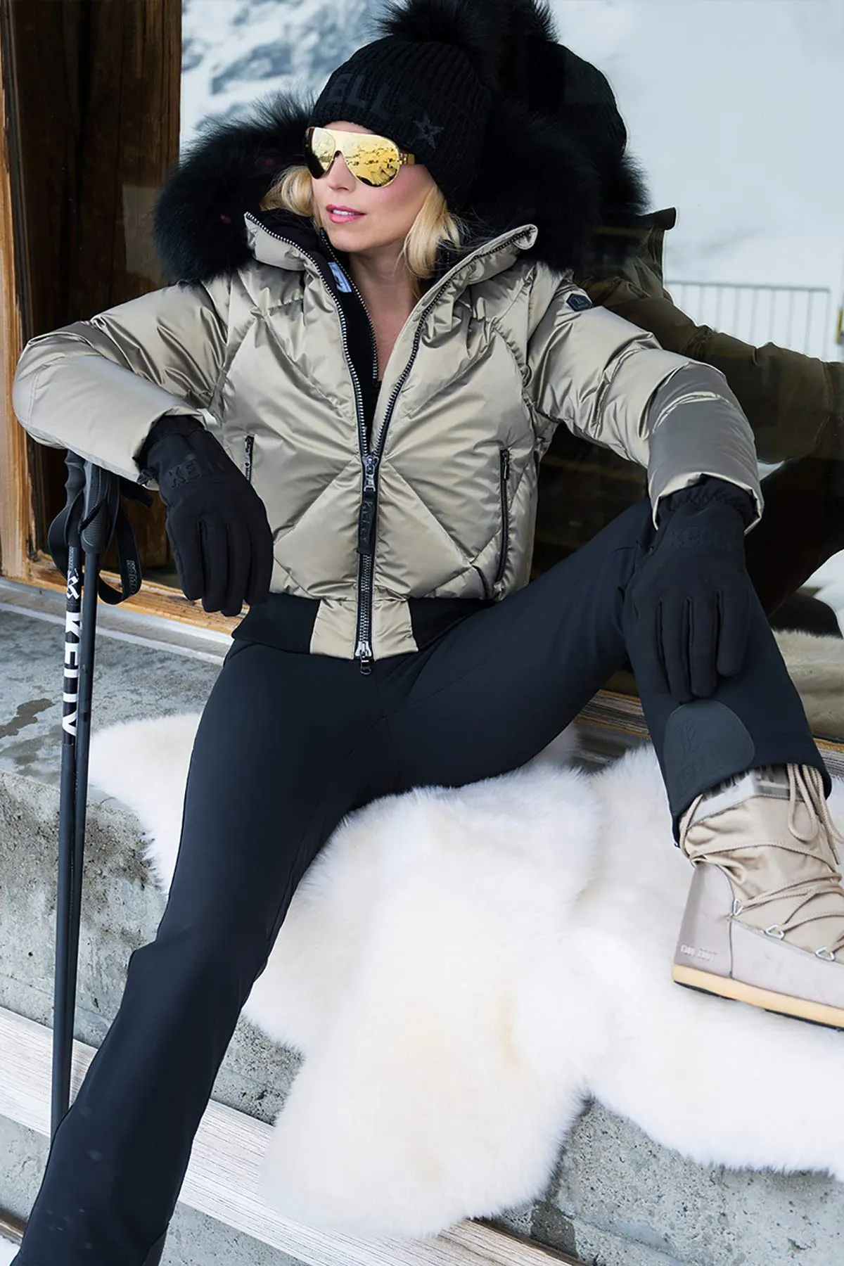 Kelly by Sissy Goya Black Faux Fur Pom Pom Hat with Sequins