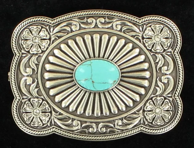 Ladies' Silver & Turquoise Rectangular Scalloped Belt Buckle