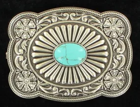 Ladies' Silver & Turquoise Rectangular Scalloped Belt Buckle