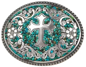 Ladies' Western Belt Buckle with Turquoise Stones & Cross