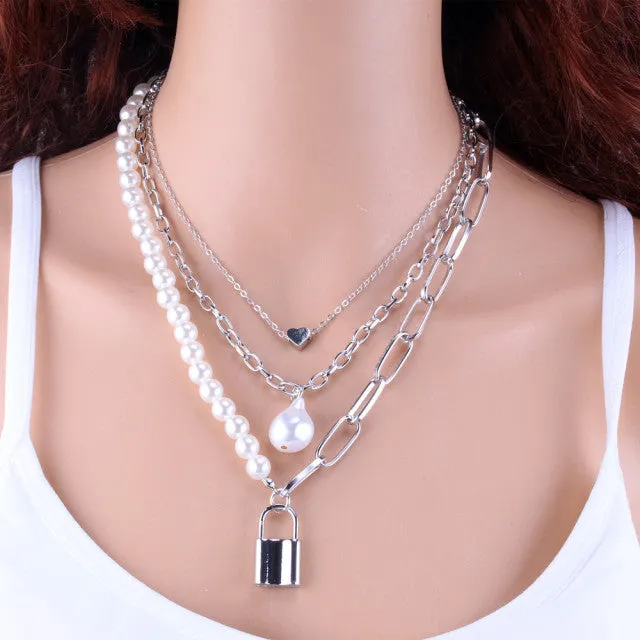 Layered Pearl Gold and Silver Necklace with Pendant For Women