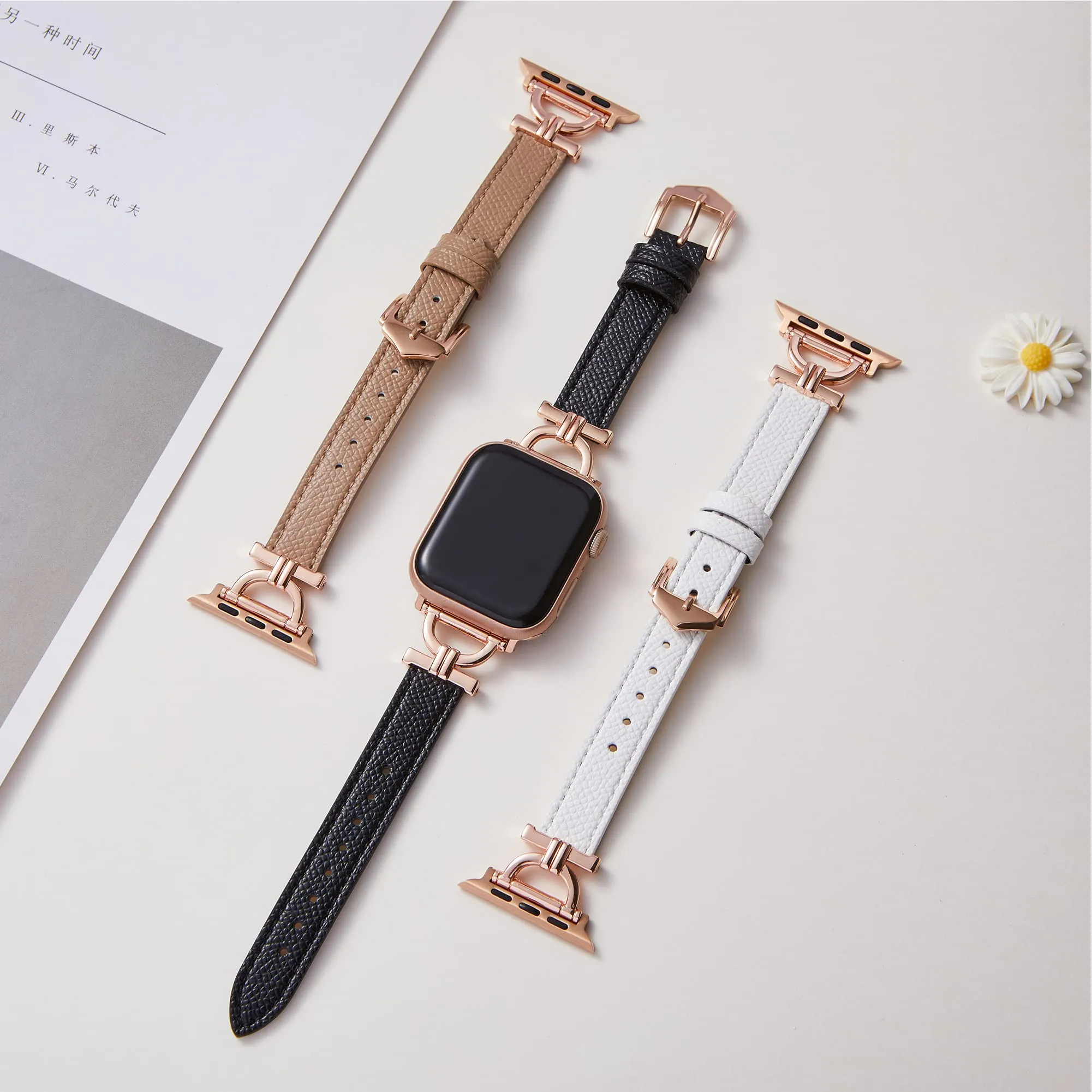 Leather Band For Apple Watch 38mm 40mm 41mm, Slim Leather Strap with D-Shape Rose Gold Metal Buckle - Black