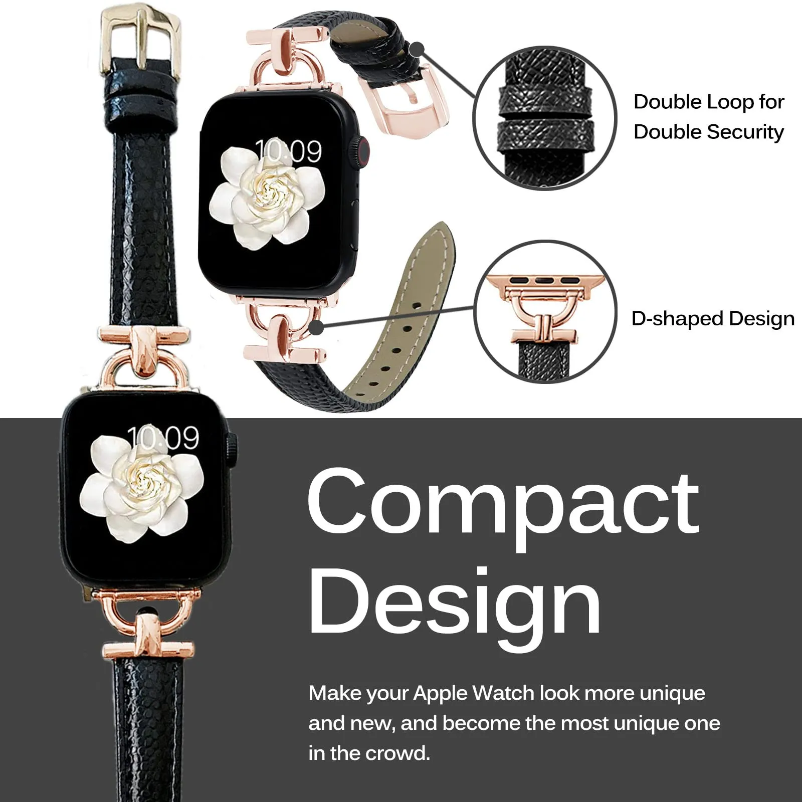 Leather Band For Apple Watch 38mm 40mm 41mm, Slim Leather Strap with D-Shape Rose Gold Metal Buckle - Black