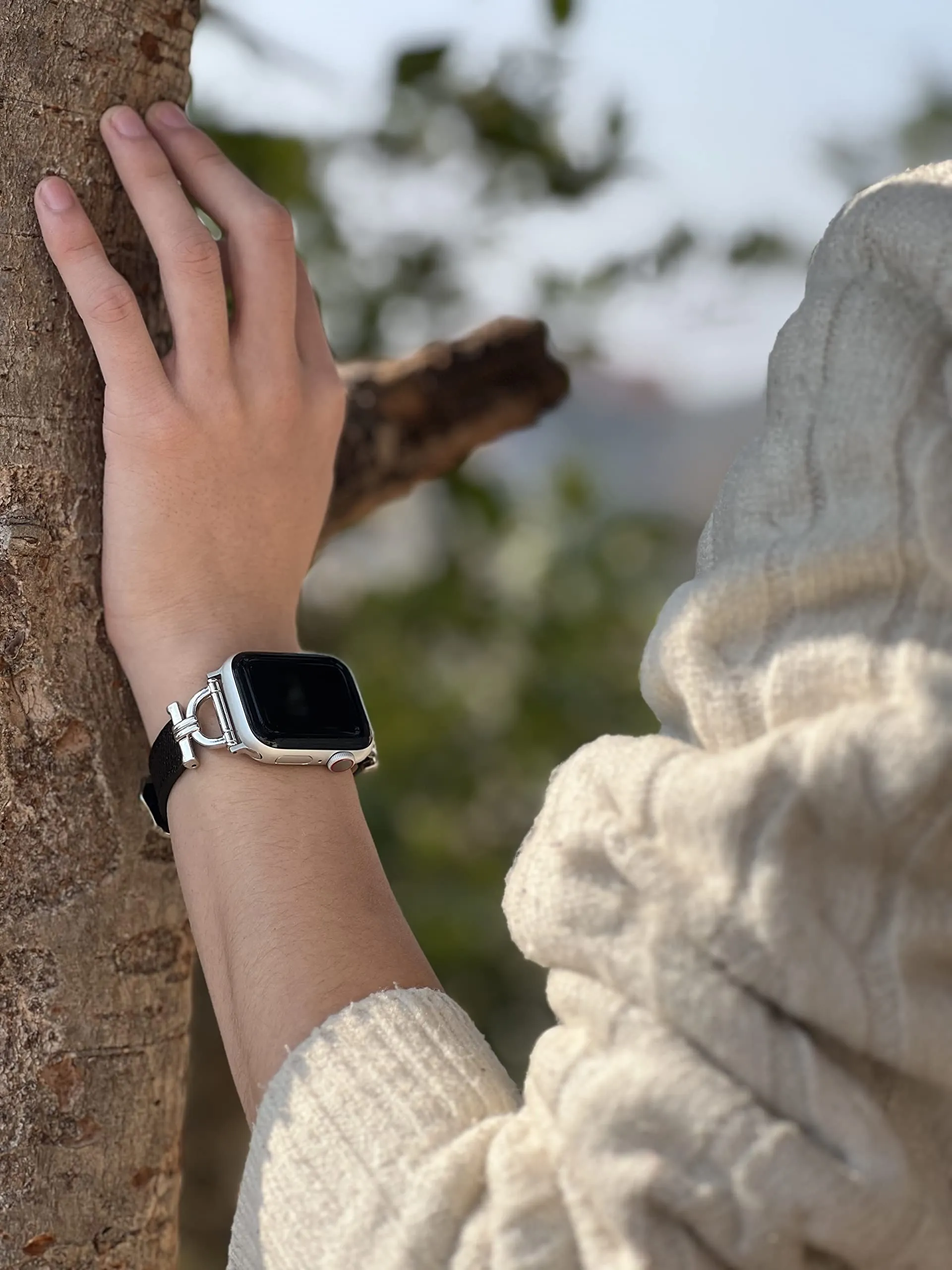 Leather Band For Apple Watch 38mm 40mm 41mm, Slim Leather Strap with D-Shape Rose Gold Metal Buckle - Black