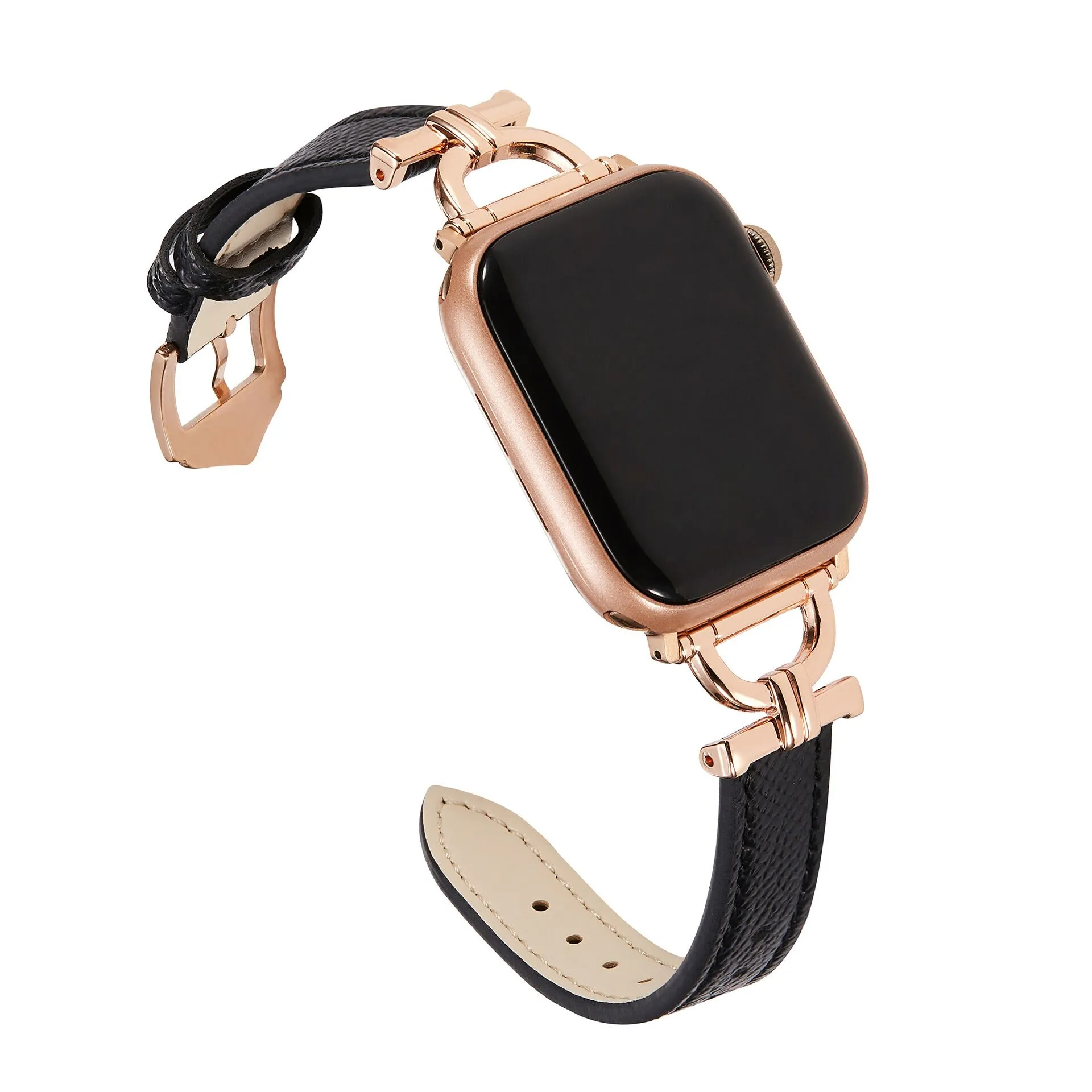 Leather Band For Apple Watch 38mm 40mm 41mm, Slim Leather Strap with D-Shape Rose Gold Metal Buckle - Black
