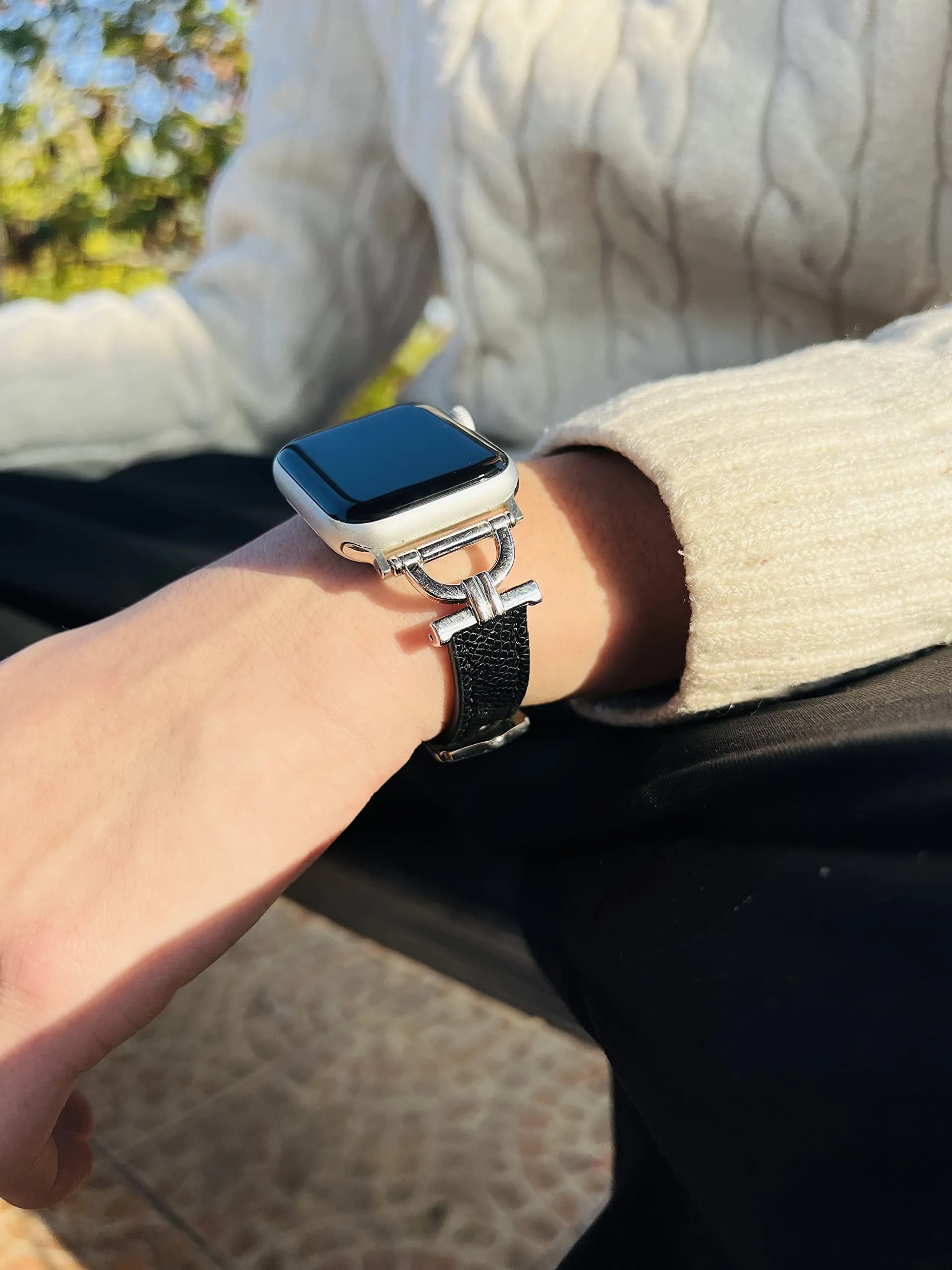 Leather Band For Apple Watch 38mm 40mm 41mm, Slim Leather Strap with D-Shape Rose Gold Metal Buckle - Black