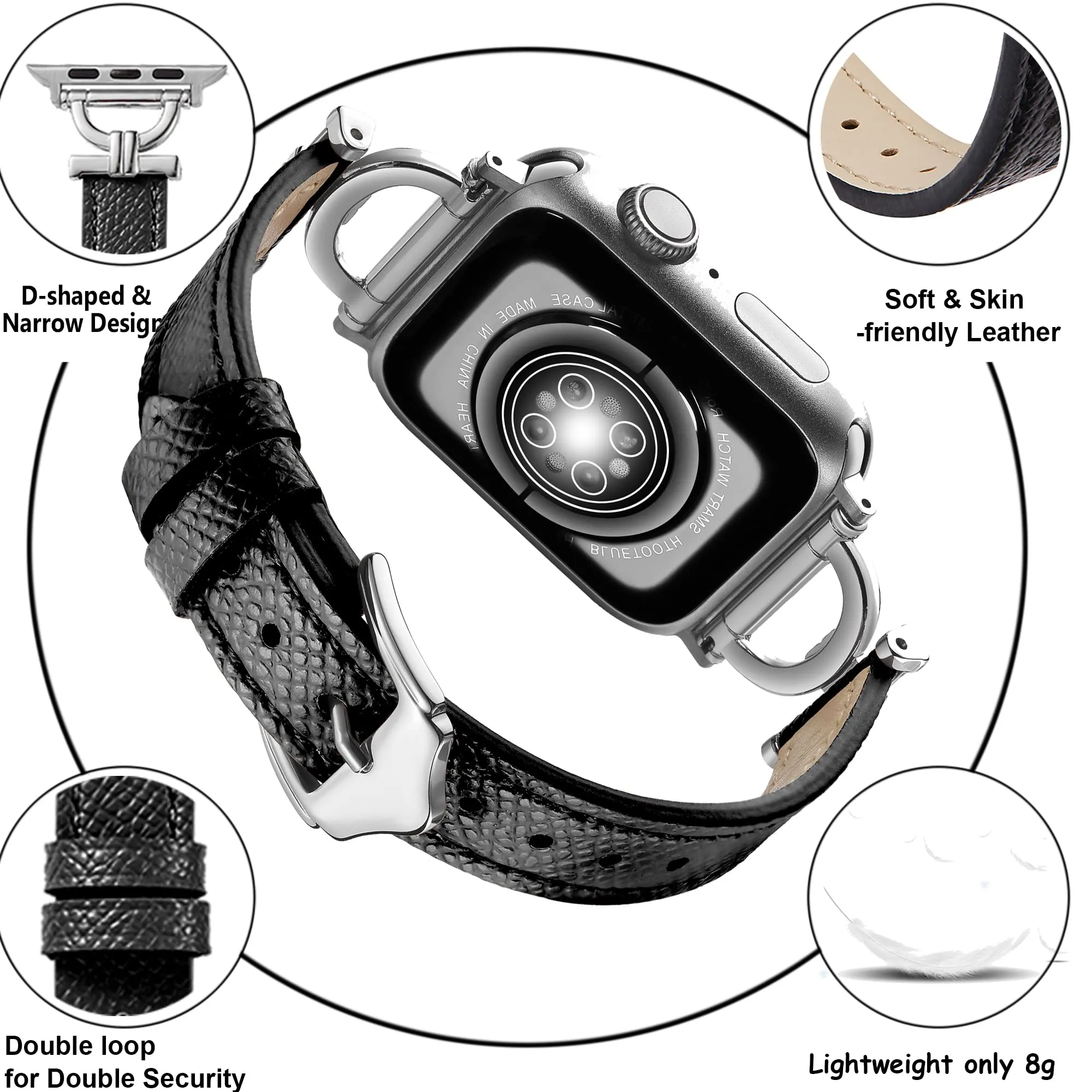 Leather Band For Apple Watch 38mm 40mm 41mm, Slim Leather Strap with D-Shape Rose Gold Metal Buckle - Black