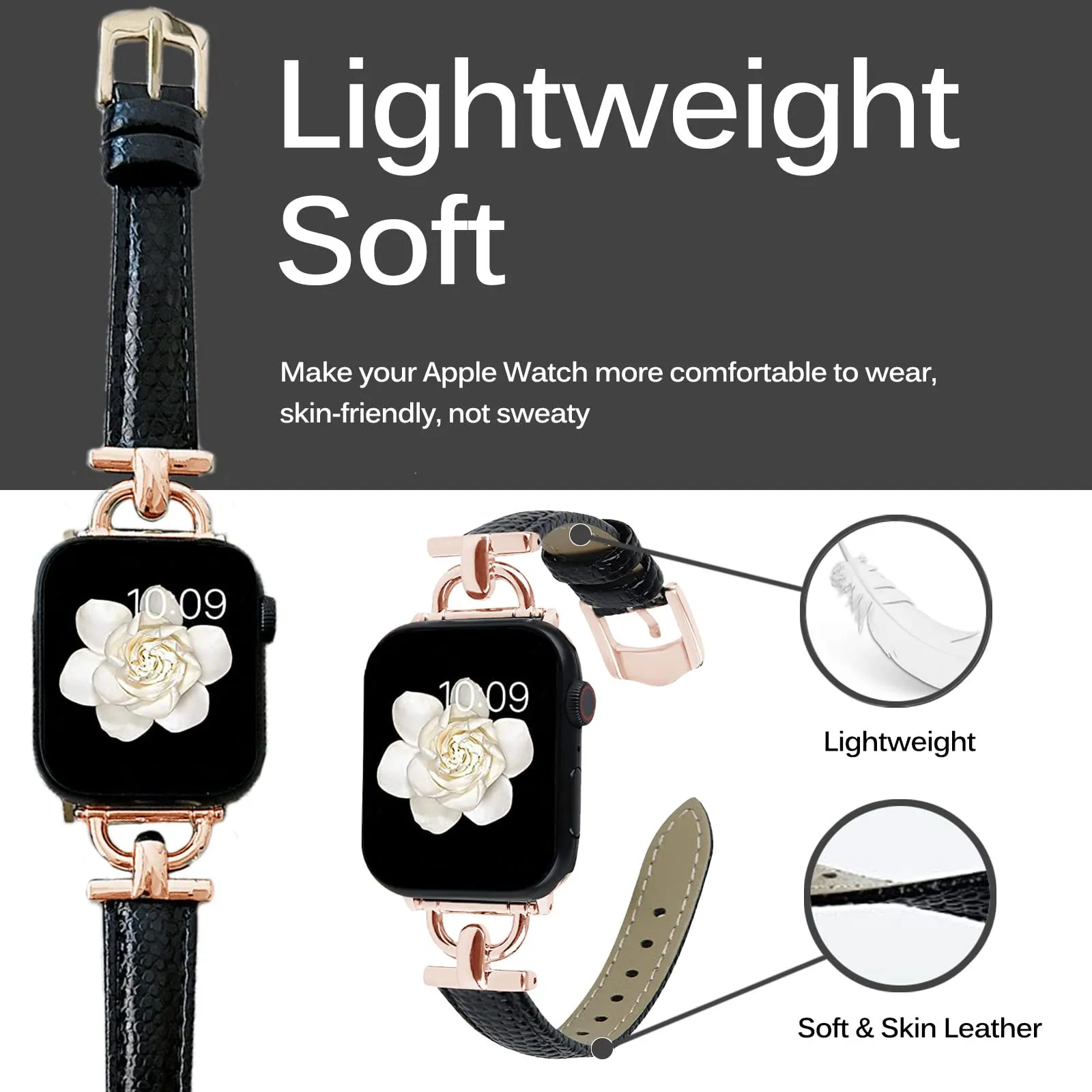 Leather Band For Apple Watch 38mm 40mm 41mm, Slim Leather Strap with D-Shape Rose Gold Metal Buckle - Black