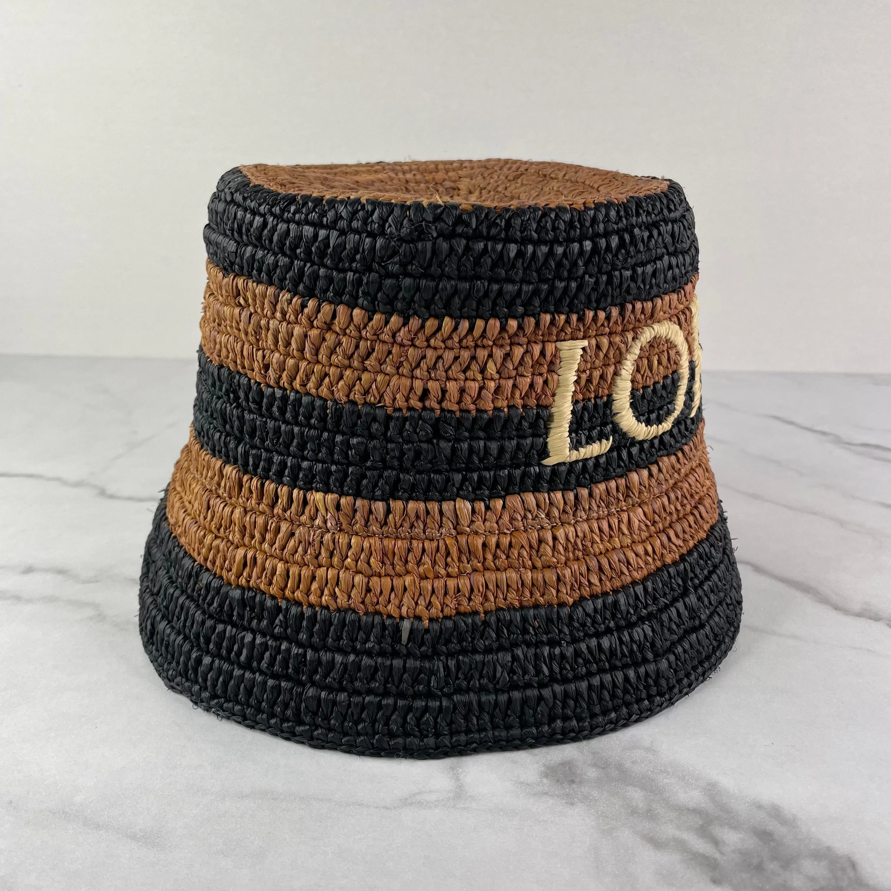 LOEWE Ibiza logo-embroidered striped raffia bucket hat