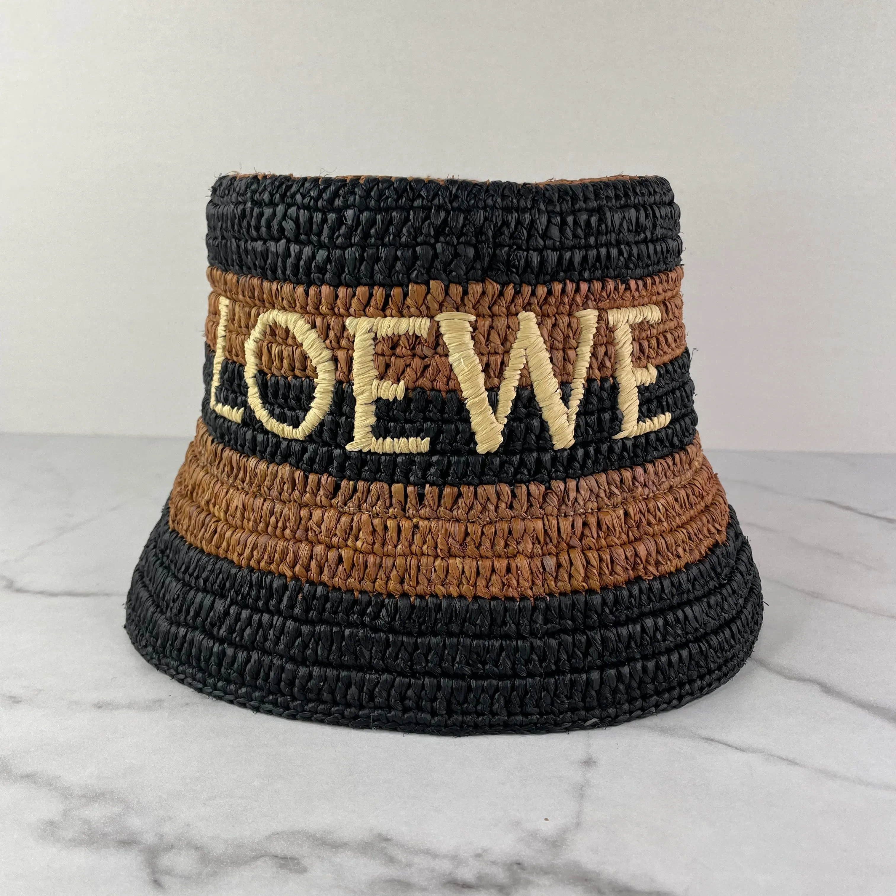 LOEWE Ibiza logo-embroidered striped raffia bucket hat