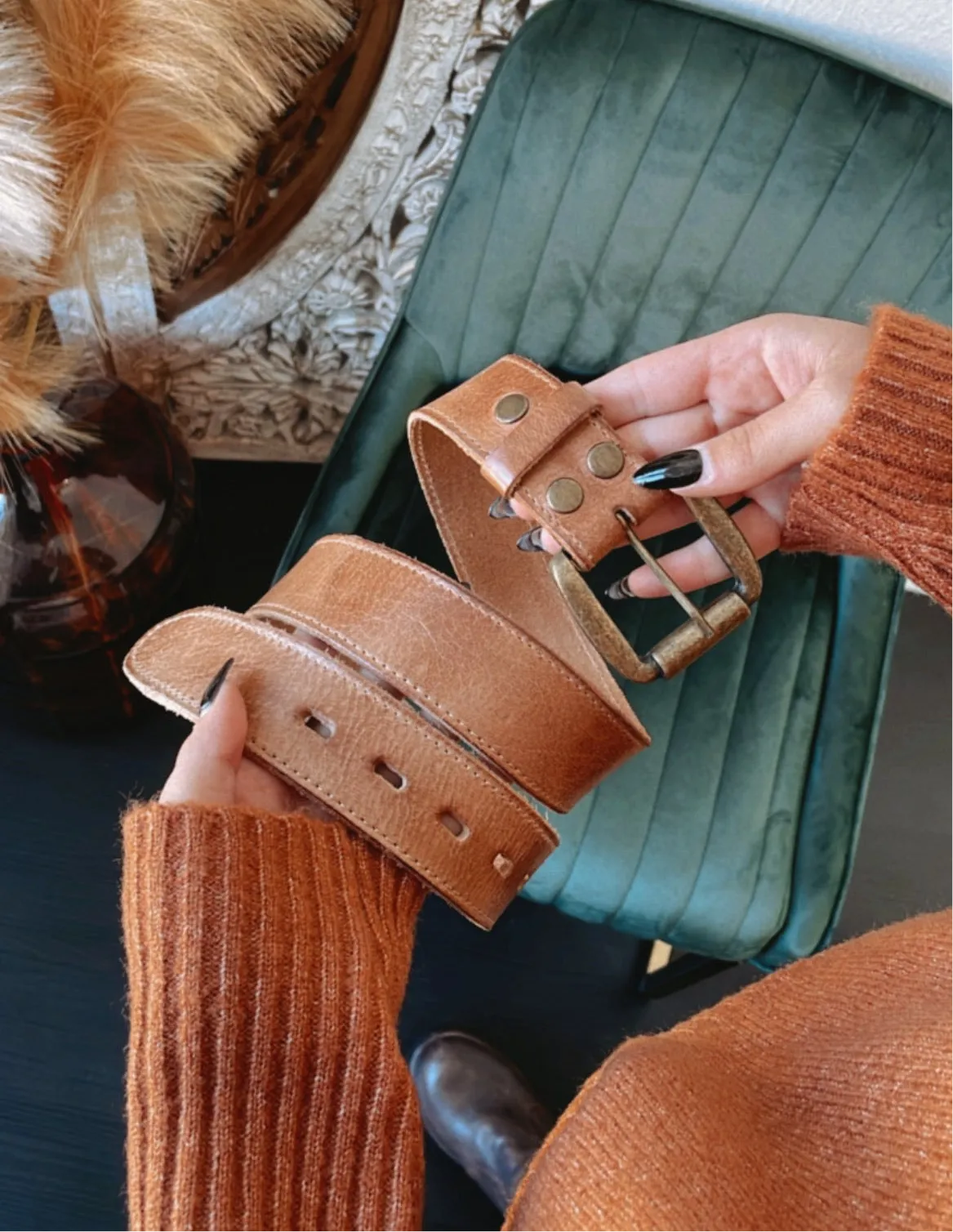 Meander Leather Belt, Tan Rustic