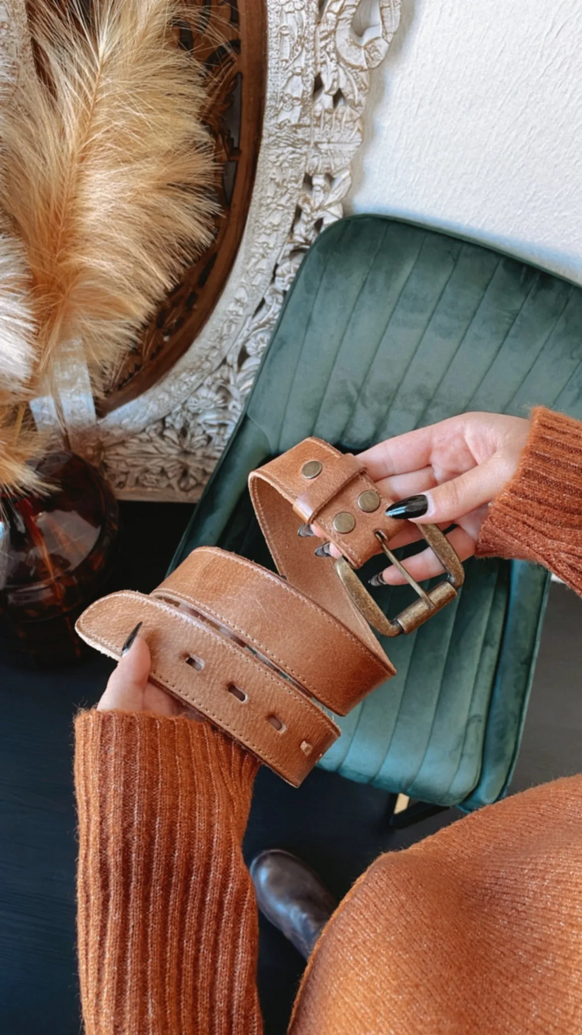 Meander Leather Belt, Tan Rustic