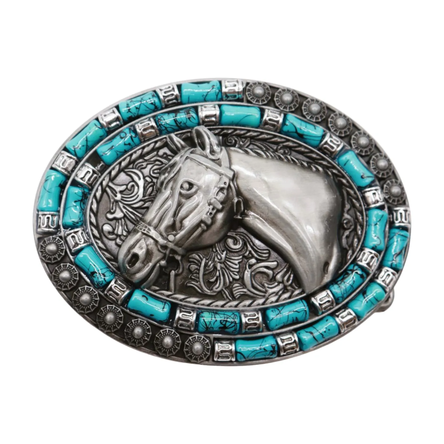 Men Western Belt Buckle Silver Metal Horse Turquoise Blue Beads