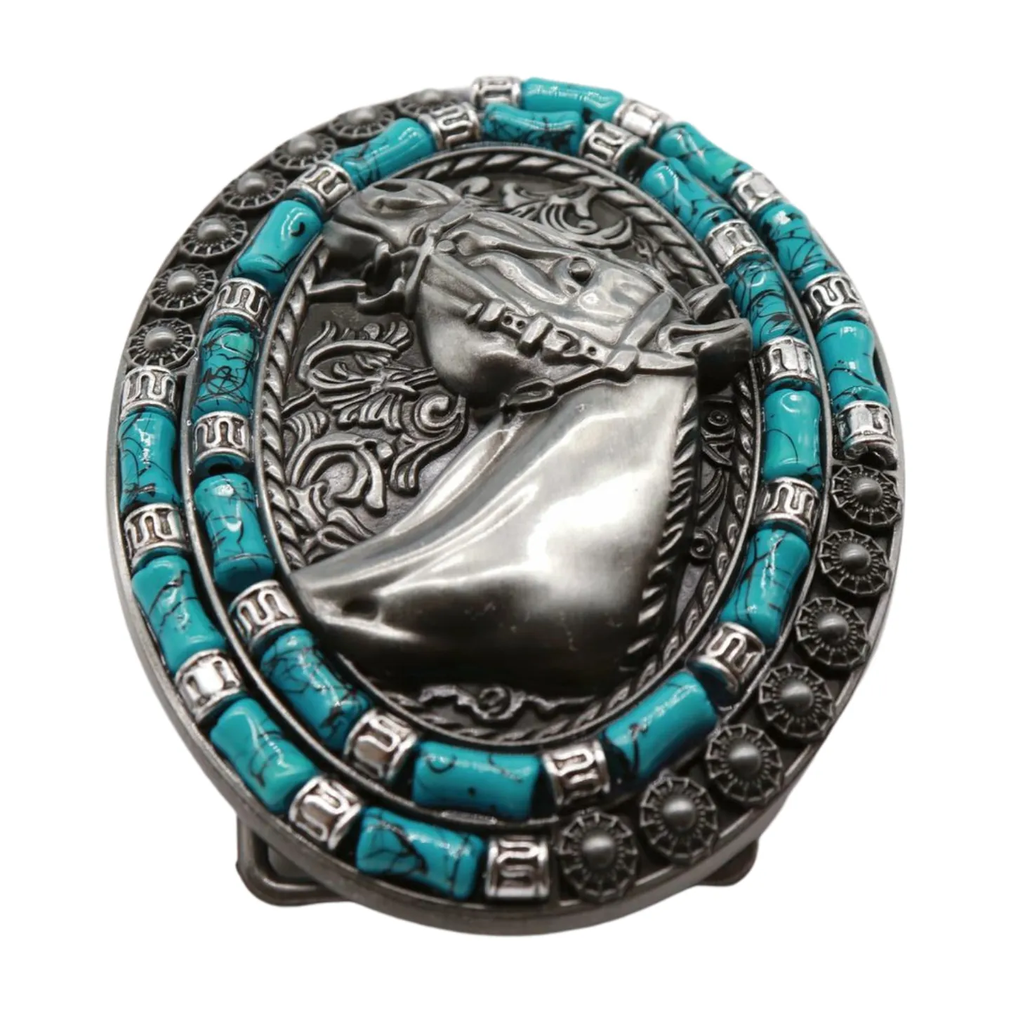 Men Western Belt Buckle Silver Metal Horse Turquoise Blue Beads
