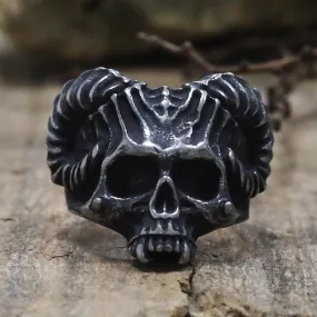 Mens Gothic Demon Satan Skull Ring Black Stainless Steel Goat Horned Devil Skull Finger Rings for Men