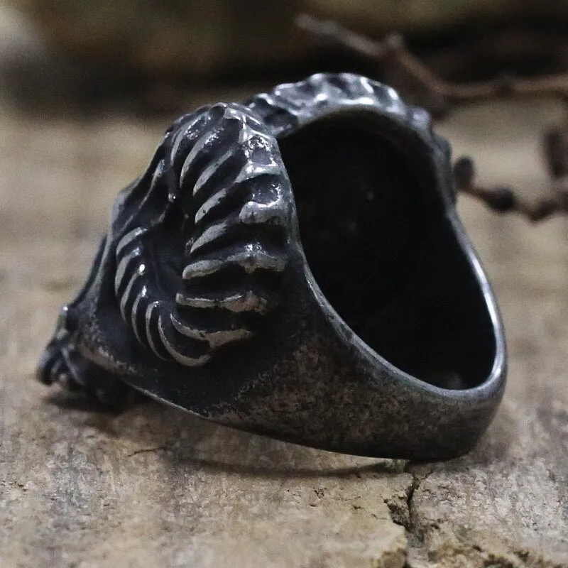 Mens Gothic Demon Satan Skull Ring Black Stainless Steel Goat Horned Devil Skull Finger Rings for Men