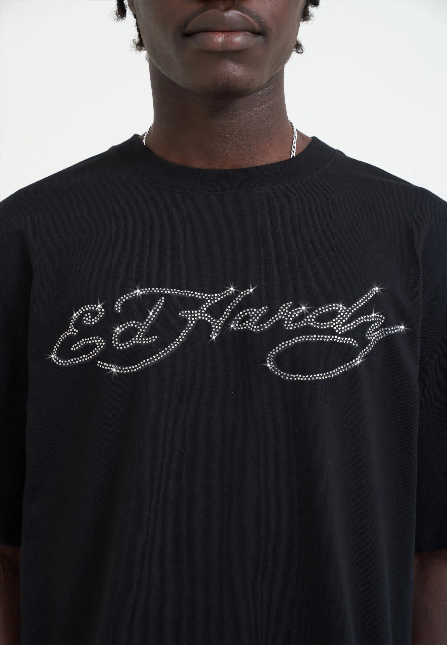 Mens Skull Flame Diamante Tshirt - Black