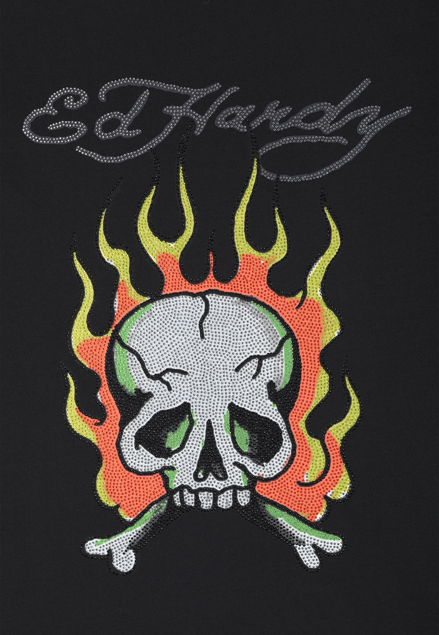 Mens Skull Flame Diamante Tshirt - Black