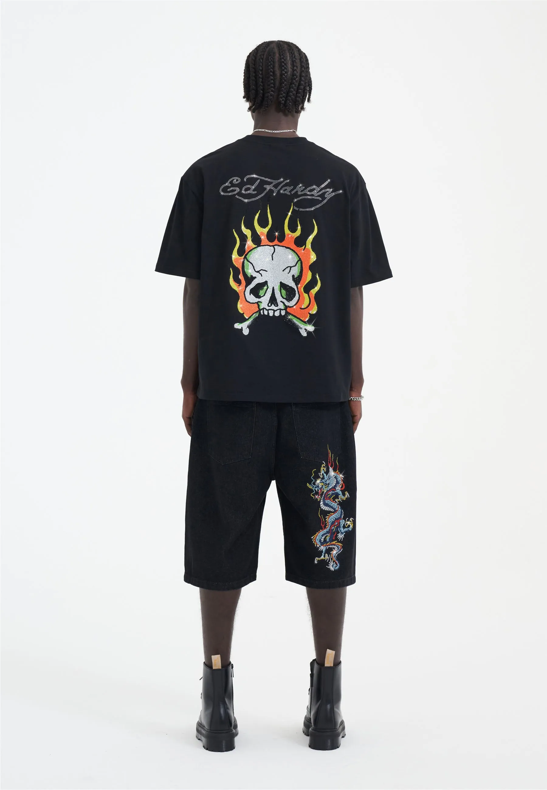 Mens Skull Flame Diamante Tshirt - Black