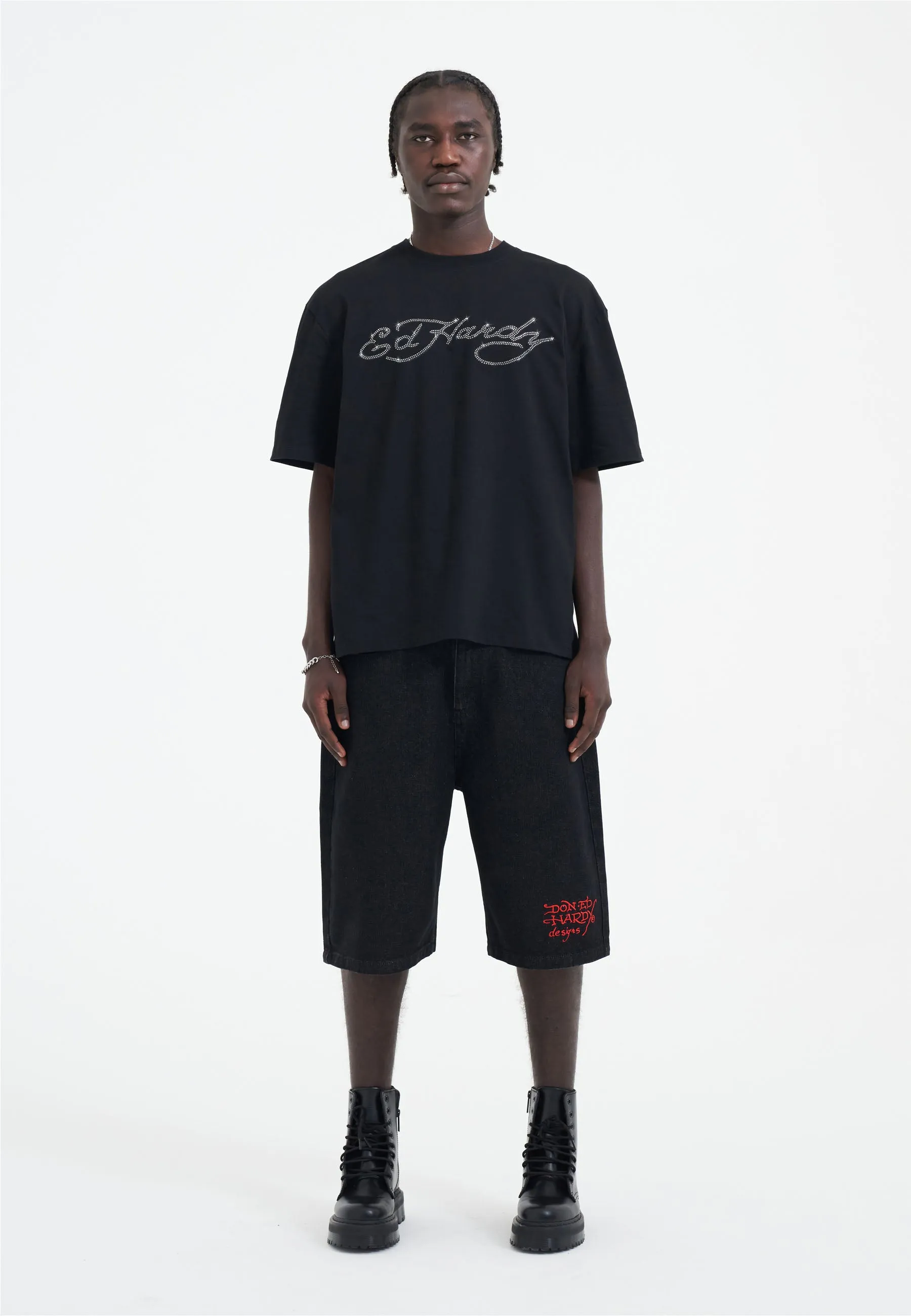 Mens Skull Flame Diamante Tshirt - Black
