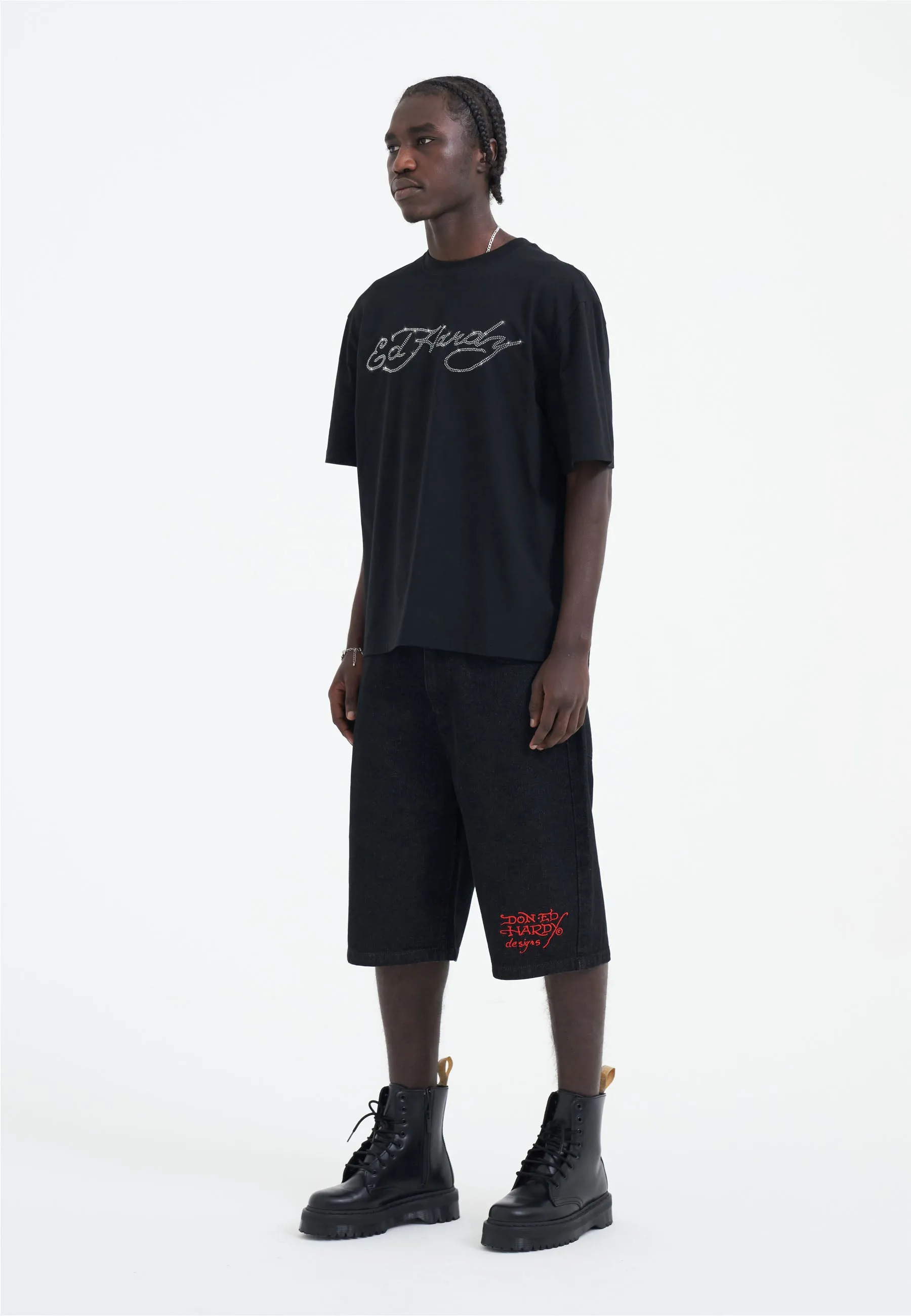 Mens Skull Flame Diamante Tshirt - Black
