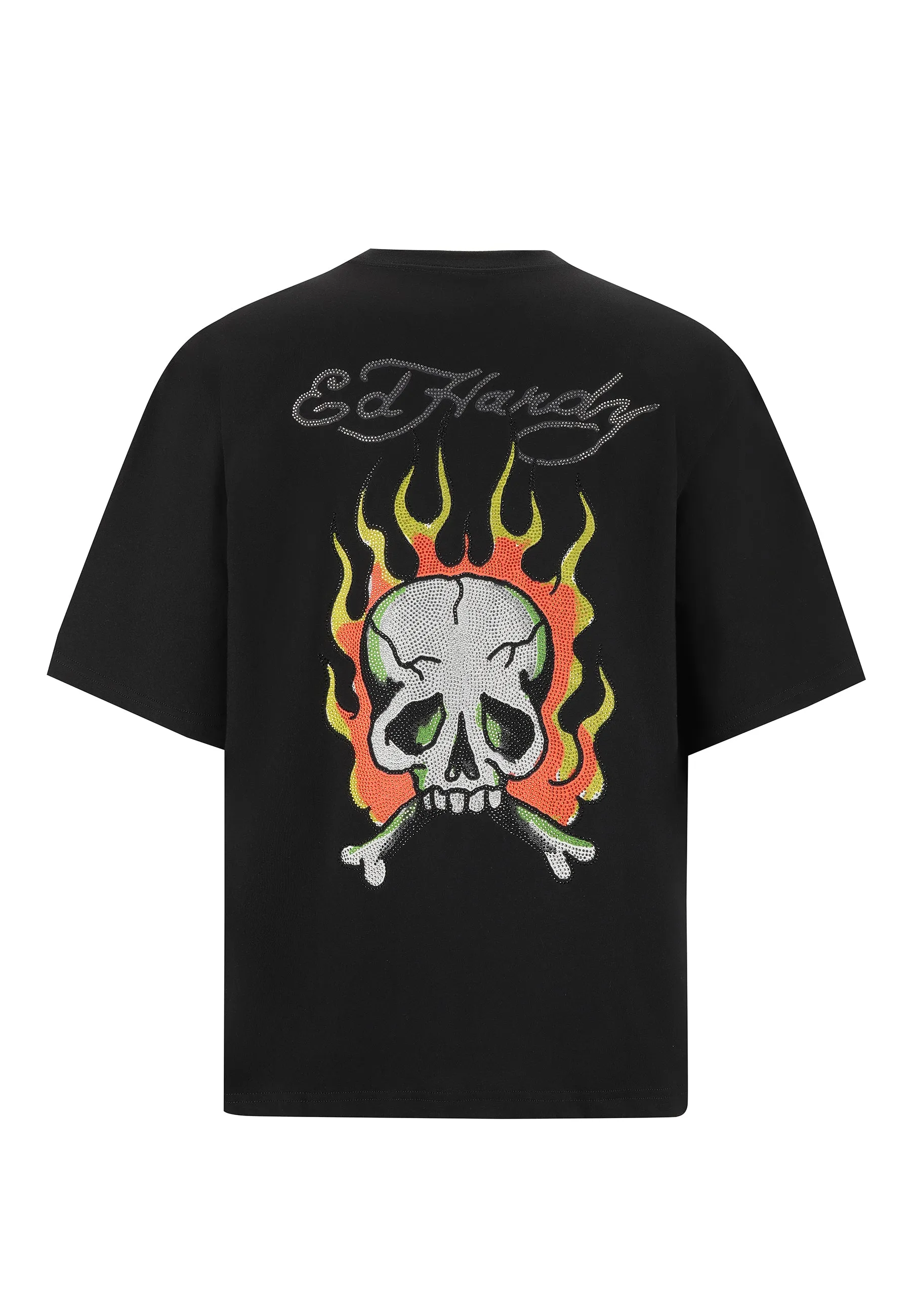 Mens Skull Flame Diamante Tshirt - Black