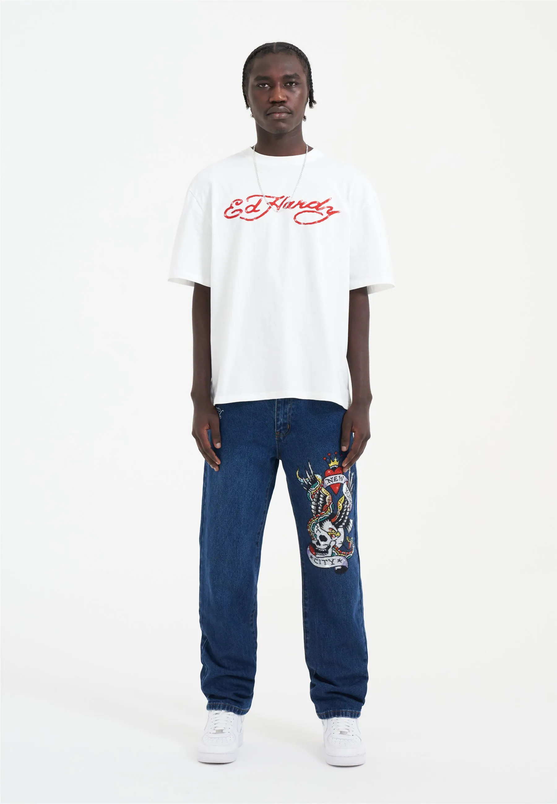 Mens Skull Flame Diamante Tshirt - White